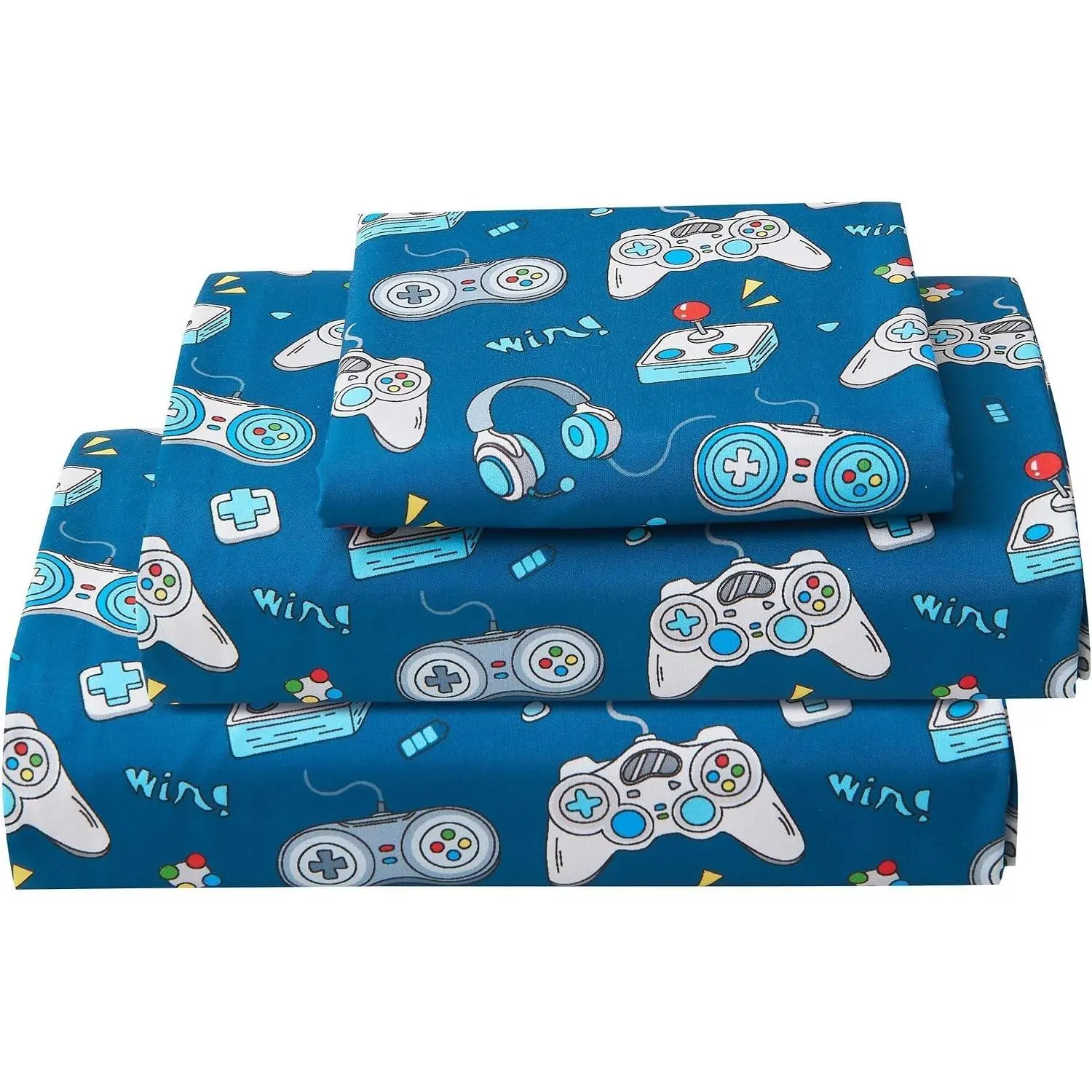 Kids Full Size Bed Sheets, 4-Piece, Deep Pocket, Game Controller | Microfiber Sheets Set, Boys Blue Sheet and Pillowcase Sets, Breathable & Soft, 15" Deep Pocket and Corner Straps