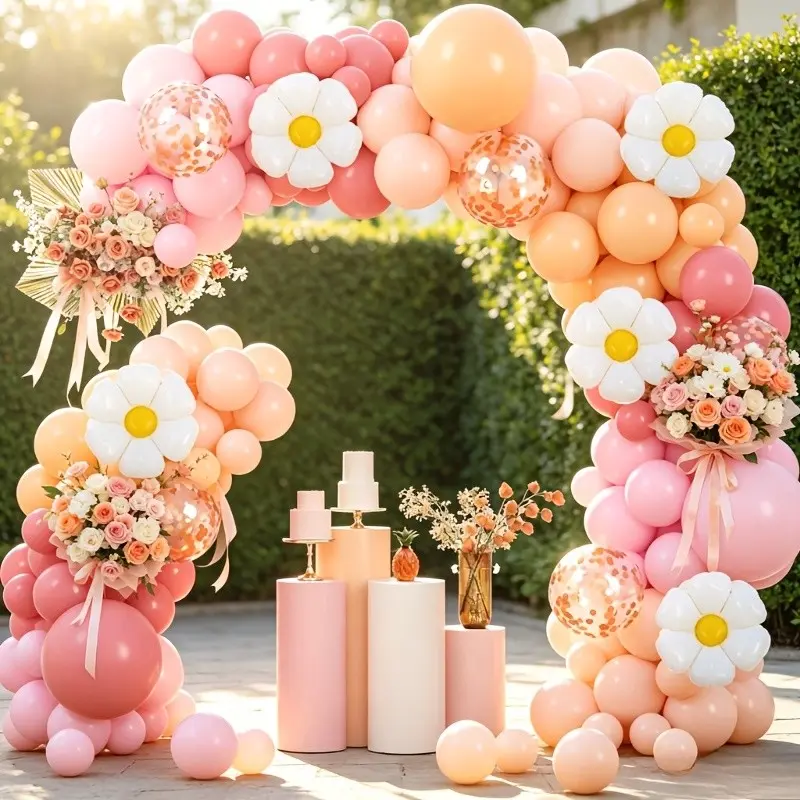 131Pcs Daisy Balloon Garland Arch Kit, Blush Pink Pastel Orange Latex Balloons & Confetti Balloons with Daisy Foil Balloons, Party Backdrop Decor for Birthday, Wedding & Friends Gathering All Occasion Supplies