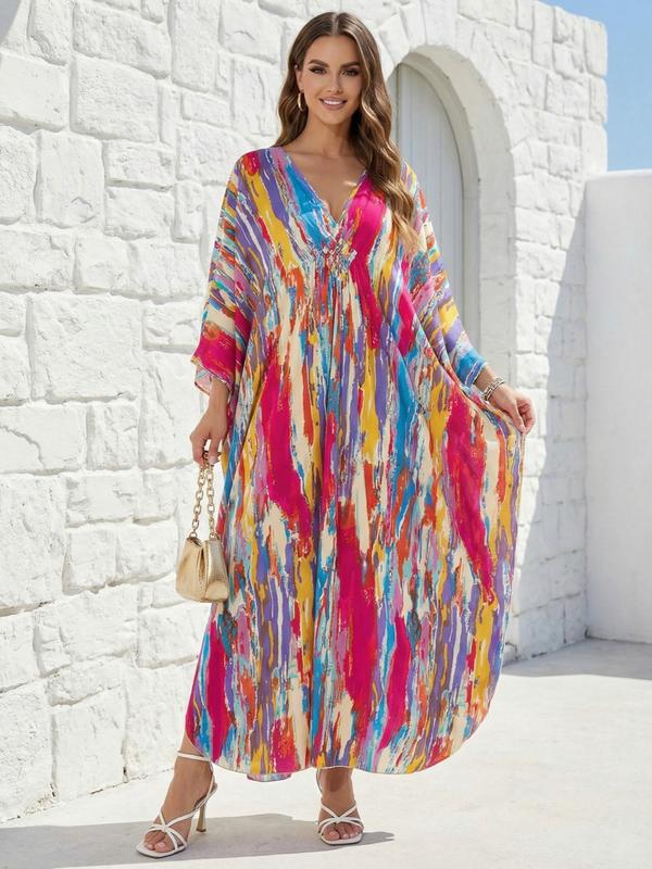 EDOLYNSA leopard print kaftan dresses Women's caftan Boho Caftan relaxed daily wear V-neck beach wear Soft Bohemian muumuu dress vibrant flowy house robe Butterfly sleeve cover up maxi dress Q1755