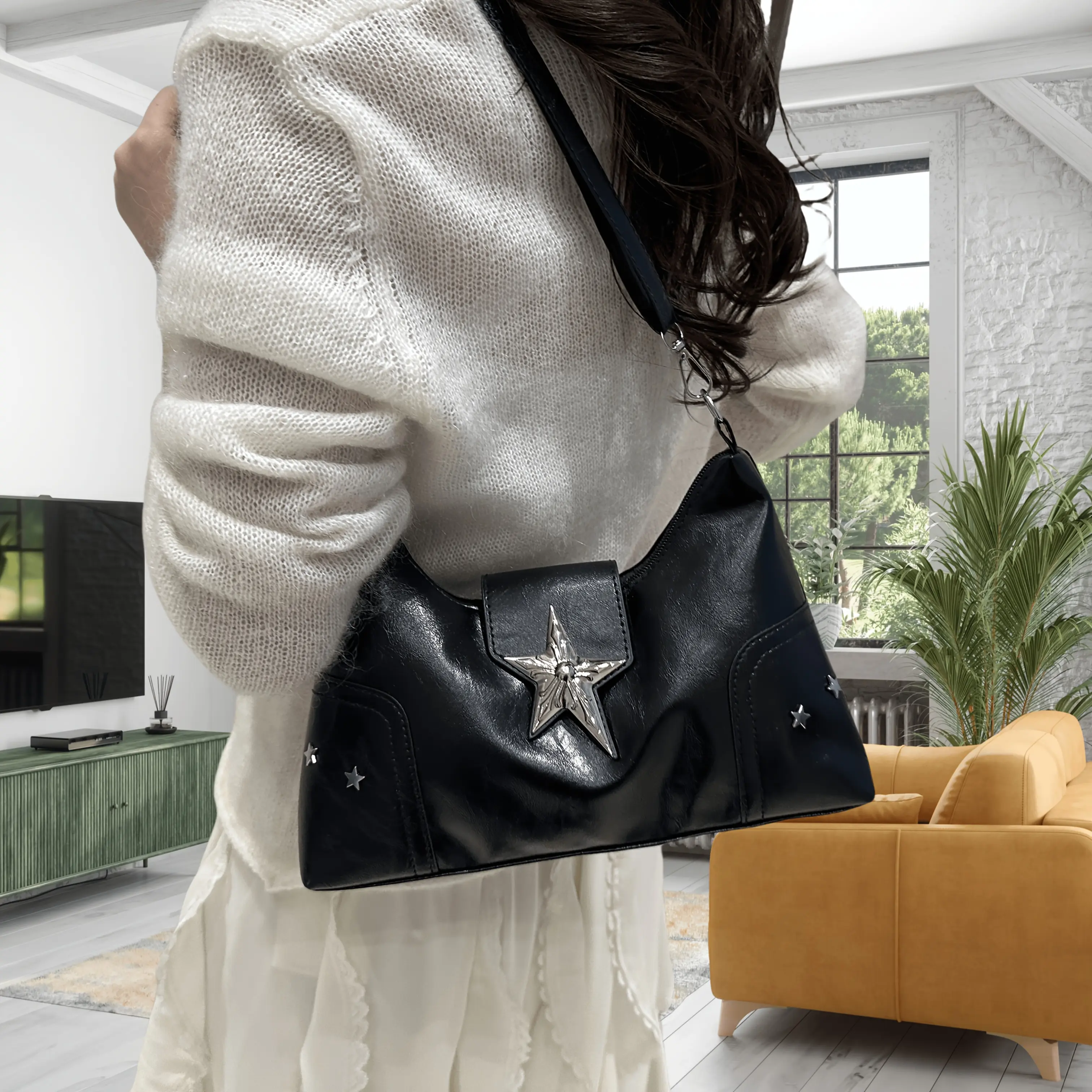 2026 New High-End Cyberpunk Style Motorcycle Underarm Bag  Sweet Cool Hot Shoulder Bag Handbag for Women, Sparkling Star Embellishment, Lining, Zipper Closure, Casual And Formal Occasion Fashion Handbag, Evening Accessory