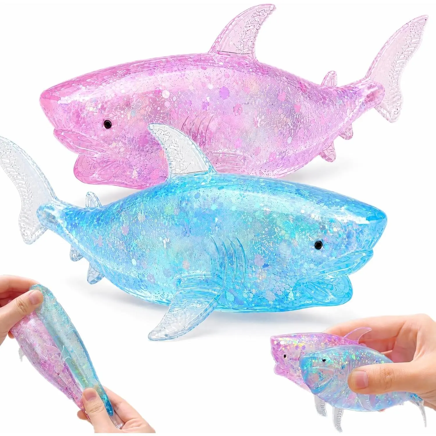 2 Pack Squishy Shark Stress Sugar Balls for Adults, Kawaii Animals Squishy Vase Fillers, Glitter Shark Sugar Ball Stress Vase Fillers for Party Favors, Easter Basket Stuffers (Blue & Purple)