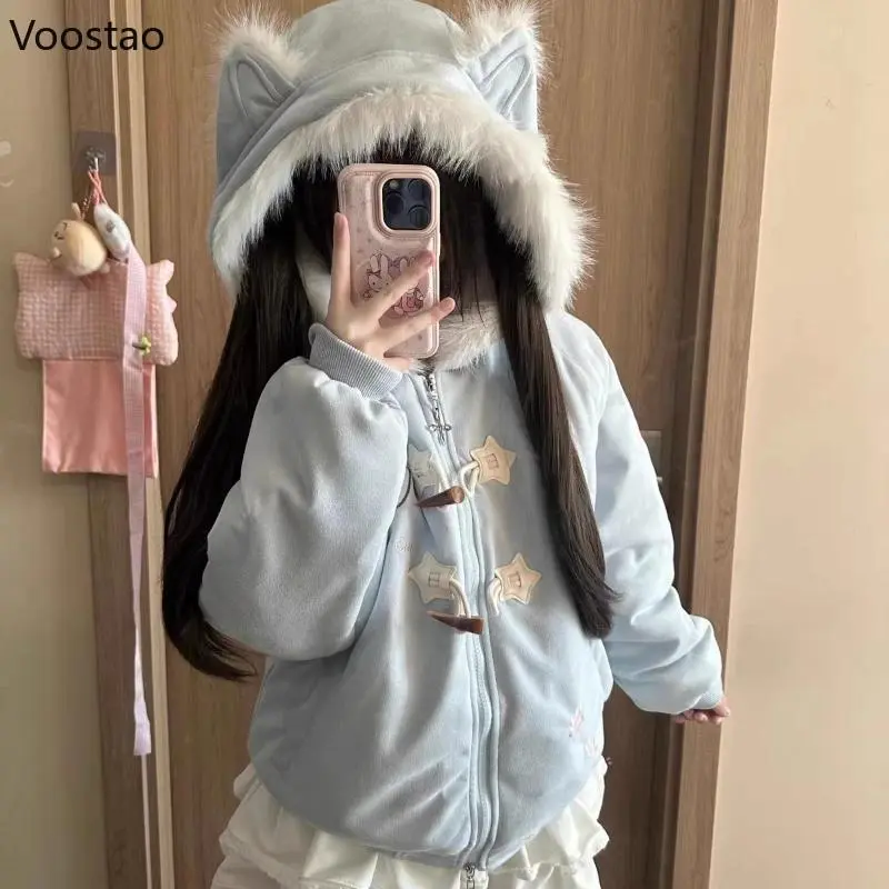 Japanese Kawaii Lolita Style Parkas Women Sweet Cartoon Cat Embroidery Casual Hooded Coat Girls Y2k Aesthetic Warm Plush Jacket