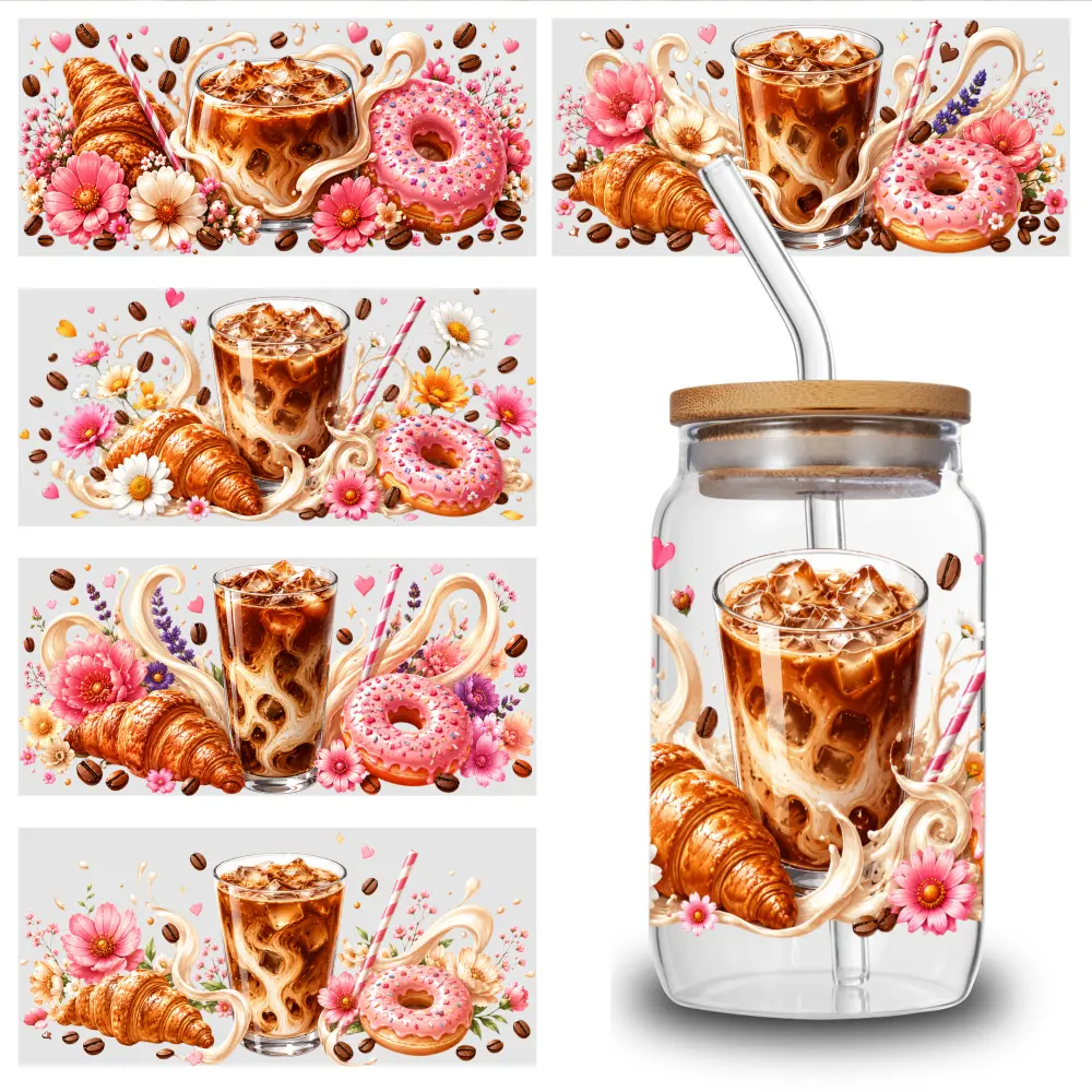 5-Pack Coffee Themed UV Resistant Vinyl UV DTF Self-Adhesive Decals, 9.4x4.3 in Transfer Paper Pack, 16OZ Glass Jar Cup & Bottle Decorative Packaging Stickers