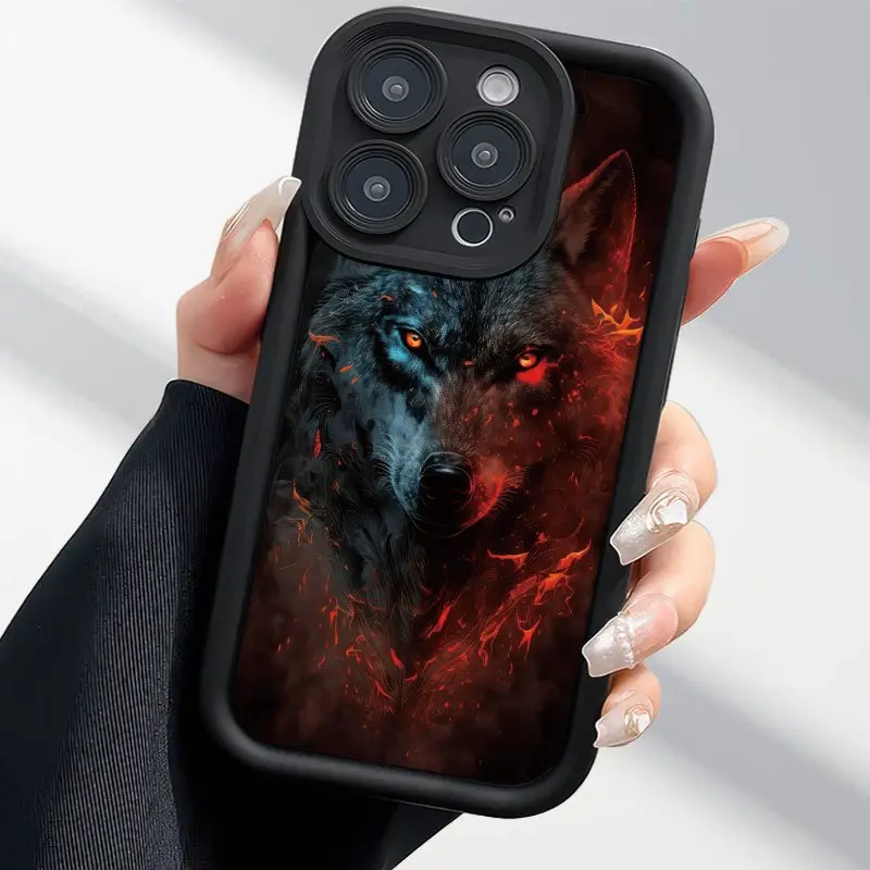 Phone Case - Pattern Featuring a Red Flame Wolf Head, a Comprehensive Thickened Groove Mobile Phone Protective Case, Currently Trending, Designed to Be Shockproof And Drop-Resistant for iPhone 17 E Air 16 15 14 Pro Max Plus 13 12 Mini 11 X XS XR