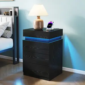 Nightstand with Built-In Charging Station & LED Lighting – 3-Drawer Sliding-Top Modern Bedside Table, Black Wooden End Table – TK Smart Sleep Setup