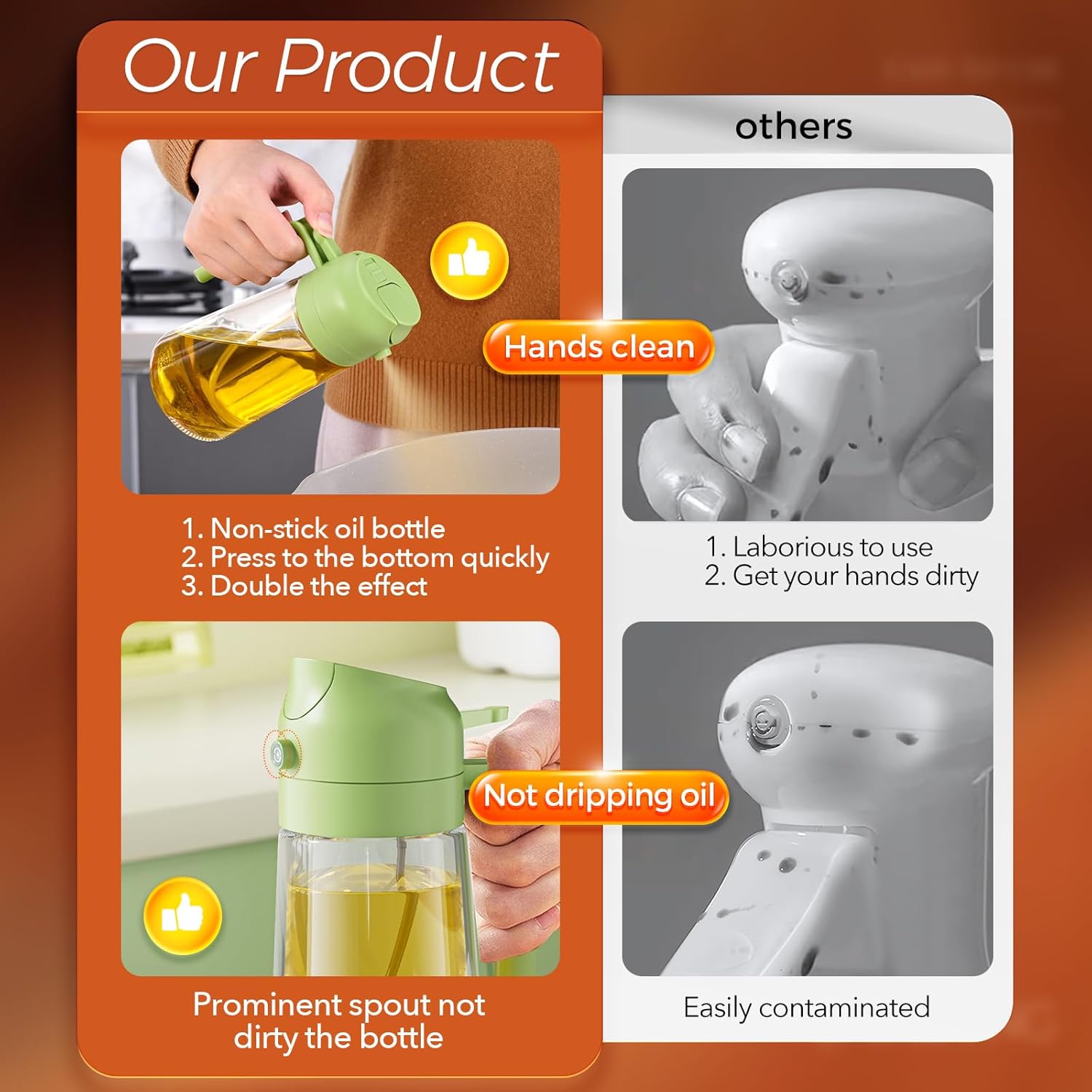 3Pack Premium Glass Oil Sprayer 470ml 2 in 1 Dispenser, Ergonomic Handle Oil Bottle for Portion Control, Versatile Kitchen Gadget for Air Fryer Grilling Salad Baking, BPA-Free, Great Gift Idea(white,black,green)