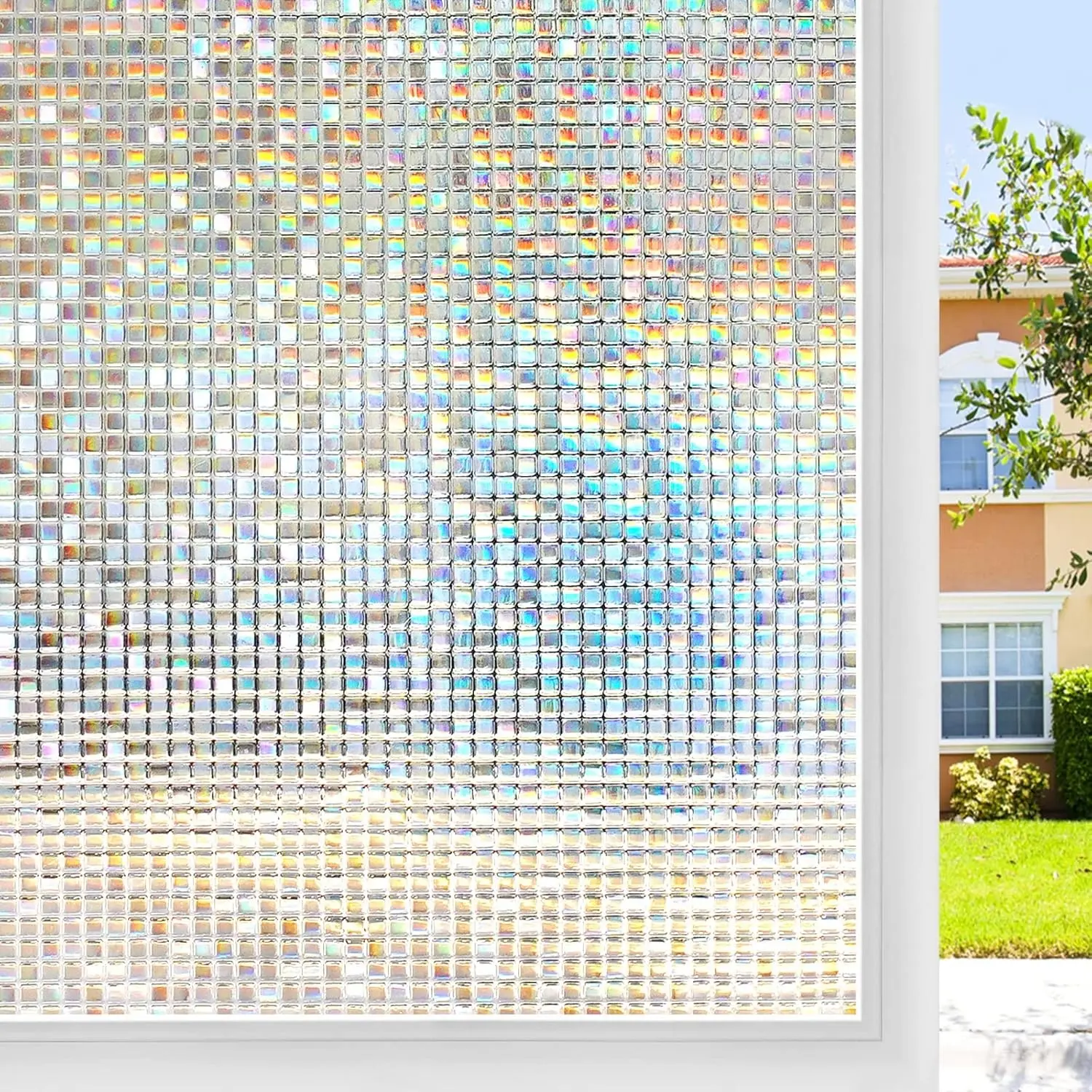 Window Privacy Film, Mosaic Stained Glass Film 35.4" x 78.5", Rainbow Decorative Removable Static Cling Tint, UV Blocking Heat Reducing Non-Adhesive Cover for Home & Office