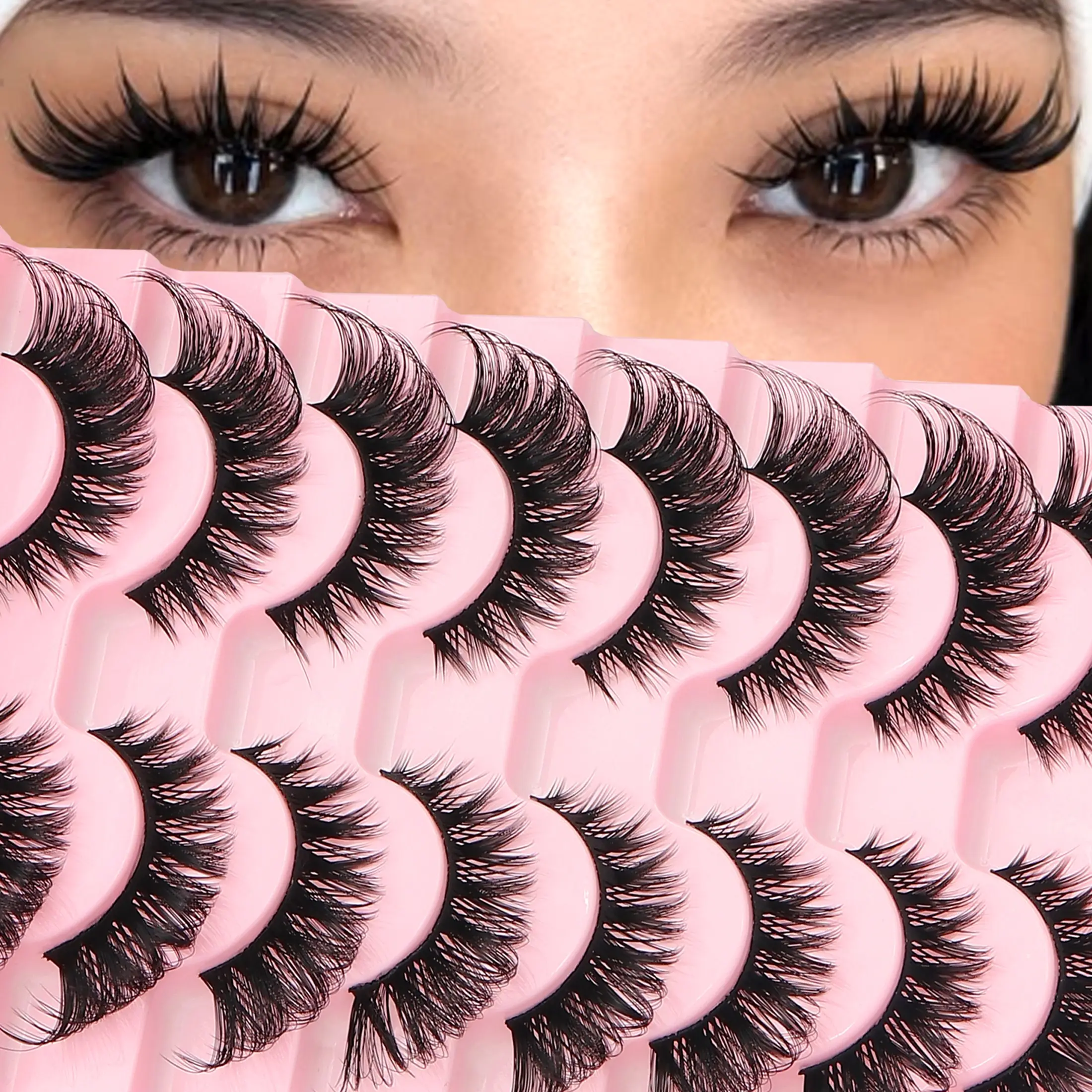 10 Pairs Fluffy Synthetic Russian Dense DD Curl Cosmetic False Eyelashes, Long-Lasting Cat Eye Makeup, Reusable Strip Lashes for Beginners
