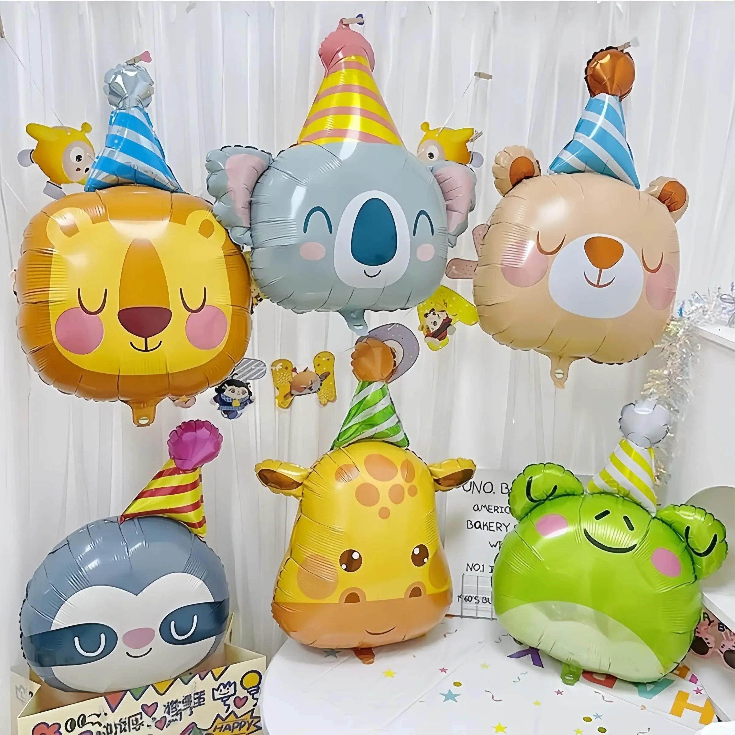 Set of 6 Animal Balloons, Includes Bear, Giraffe, Lion, Koala, Frog, Sloth, Perfect for Jungle Theme Birthday Party or Baby Shower