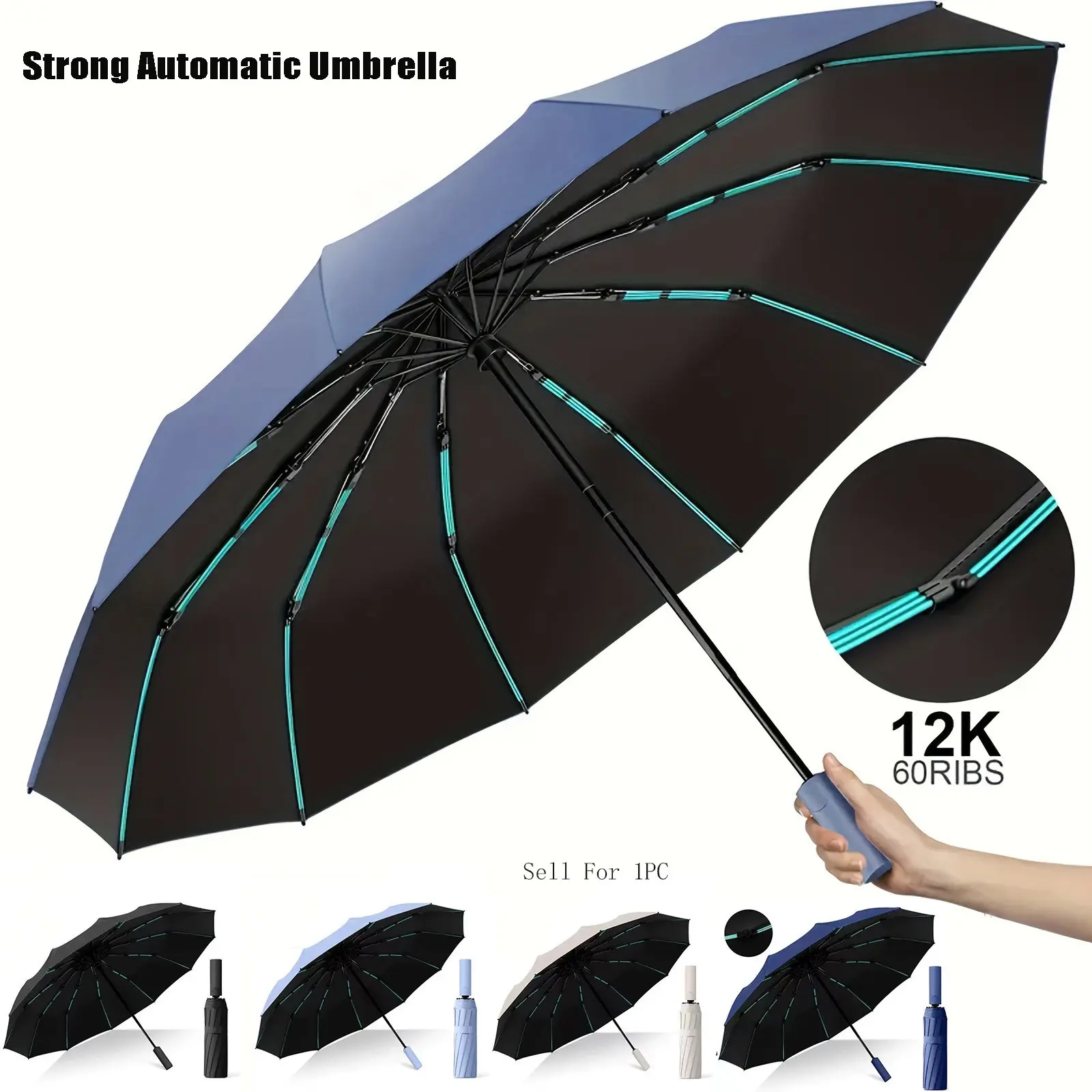12k 60ribs 3fold Automatic Large UV-Blocking Windproof Umbrella, Handheld Portable Foldable Design, Ideal for Heavy Rain & Sun Protection