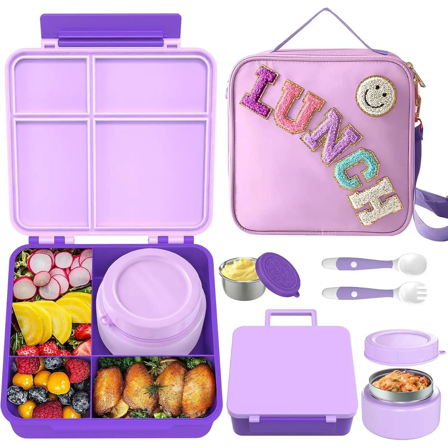 Lunch Box Kids with Thermo Insulated Lunch Bag for School, Purple | Bento Lunch Box for Kids with 8oz Food Jar, Leak Proof Hot Lunch Containers with 4 Compartment, Warm Lunchbox for ToddlerGift.