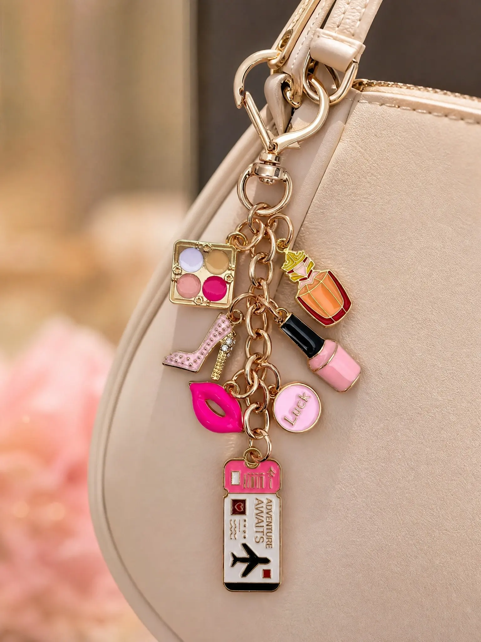 Travel Style Women's Keychain, Fashion Bag Charm, Lucky Makeup Bottle Accessory, Elegant Ticket Pendant, High Heel Shoe Decor, Wallet Ornament