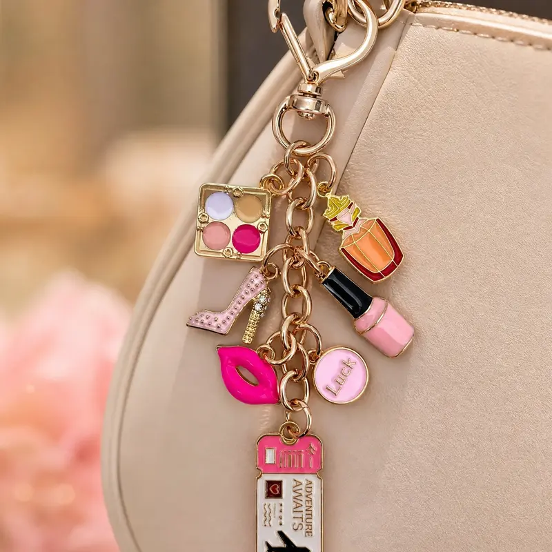 Travel Style Women's Keychain, Fashion Bag Charm, Lucky Makeup Bottle Accessory, Elegant Ticket Pendant, High Heel Shoe Decor, Wallet Ornament, Keychain Accessories, Stylish Keyring