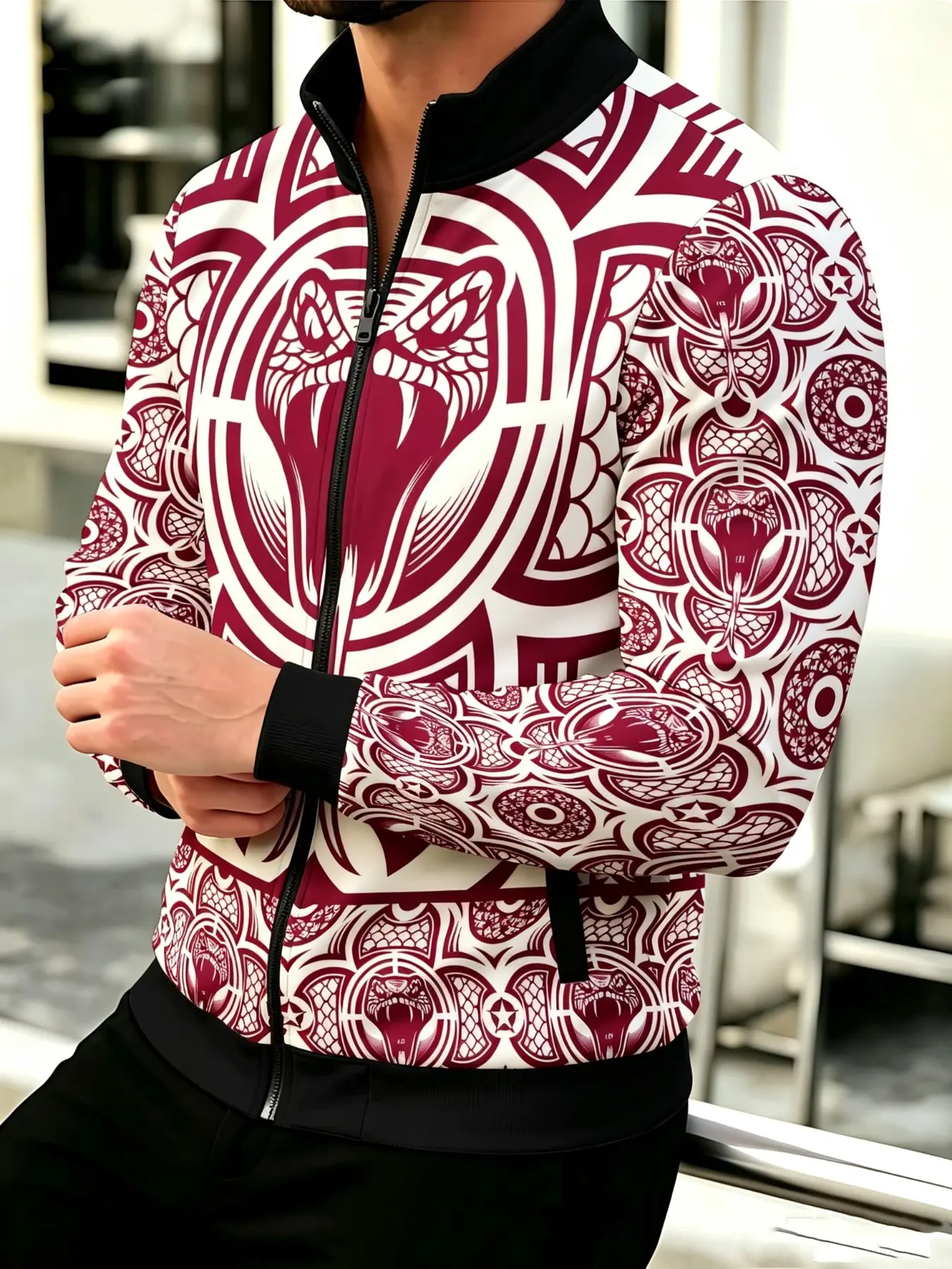Men's Snake Tribal Graphic Bomber Jacket, Zip Up Stand Collar Baseball Outerwear, Totem Pattern Long Sleeve Casual Streetwear Jacket For Fashion Daily Outfit.