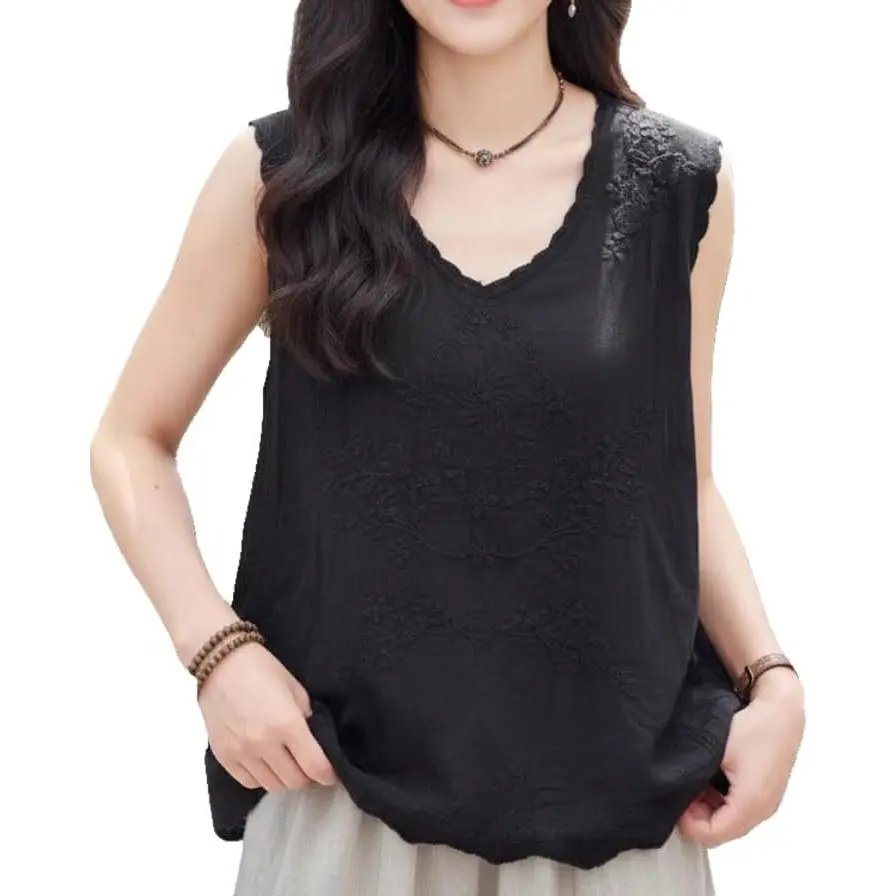 Women's Vintage White Cotton-Linen Sleeveless Floral Embroidery Shirt, Breathable Comfy Lace-Trim Tank Top, Bohemian Summer Casual Blouse