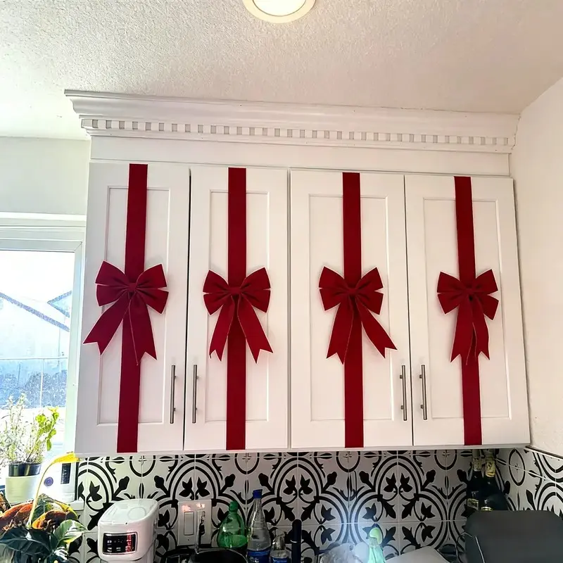 6-Piece Large Wine Velvet Cabinet Door Bow and Ribbon Set, Non-Electric Holiday Theme Party Decor, Kitchen Furniture, Gift Packaging