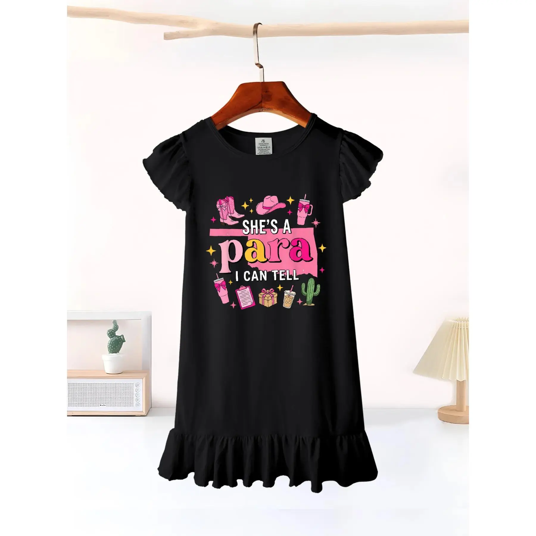 She's A para I Can Tell Western Classroom Teacher Girls' Summer Flutter Sleeve Casual Dress - Soft, Durable, Easy-Care, Ideal for School & Outdoor Activities - Local warehouse