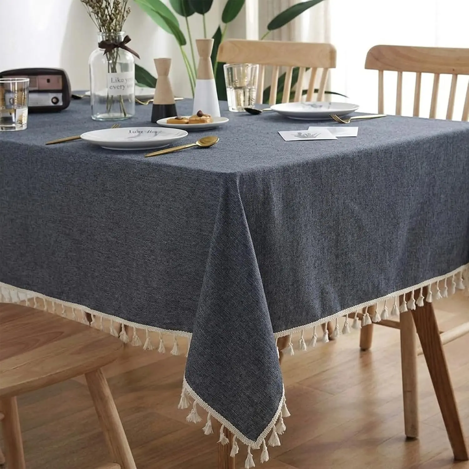 Rectangle Tablecloth Color TasselTablecloths Cotton Table Cloth Washable Tabletop Decorative Table Cover for Dinning (Light Black, 47 x 63 Inch)