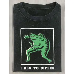 1pc Men's Vintage Washed 180GSM Heavyweight Cotton T-Shirt - Black with Green Frog "I Disagree" Batik Print, Casual Streetwear Short Sleeve Round Neck Tee, All-Season Comfort, Machine Washable, Durable Fabric for Casual Attire & Holiday Gifts |   Playful