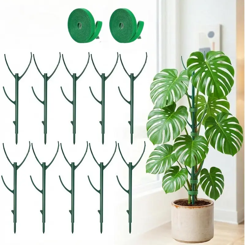 12-pack Monstera plant support poles, 10 support stakes and 2 rolls of velcro, stackable tall poles with velcro ties, specially designed for climbing plant stems - durable trellis-style garden stakes, suitable for outdoor gardening