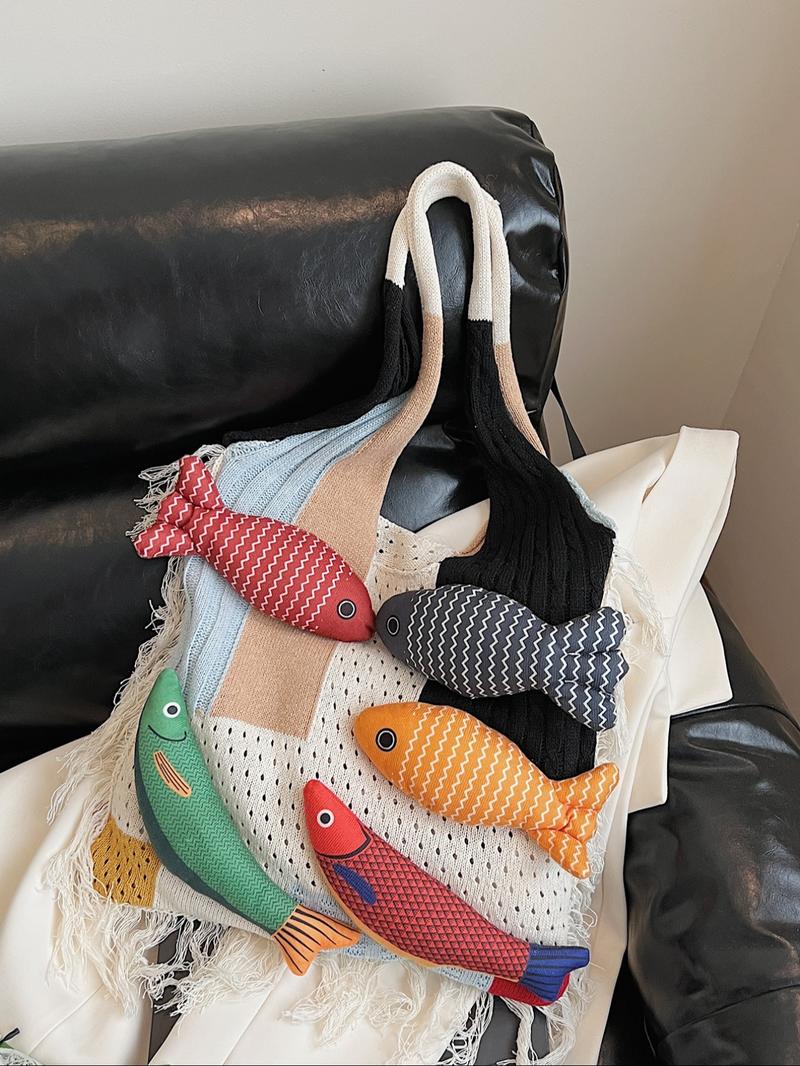 Stylish Rainbow Color Women's Knitted Bag with Colorful Fish Pattern, Versatile Shoulder Bag for Work, Shopping, Outings and Daily Use