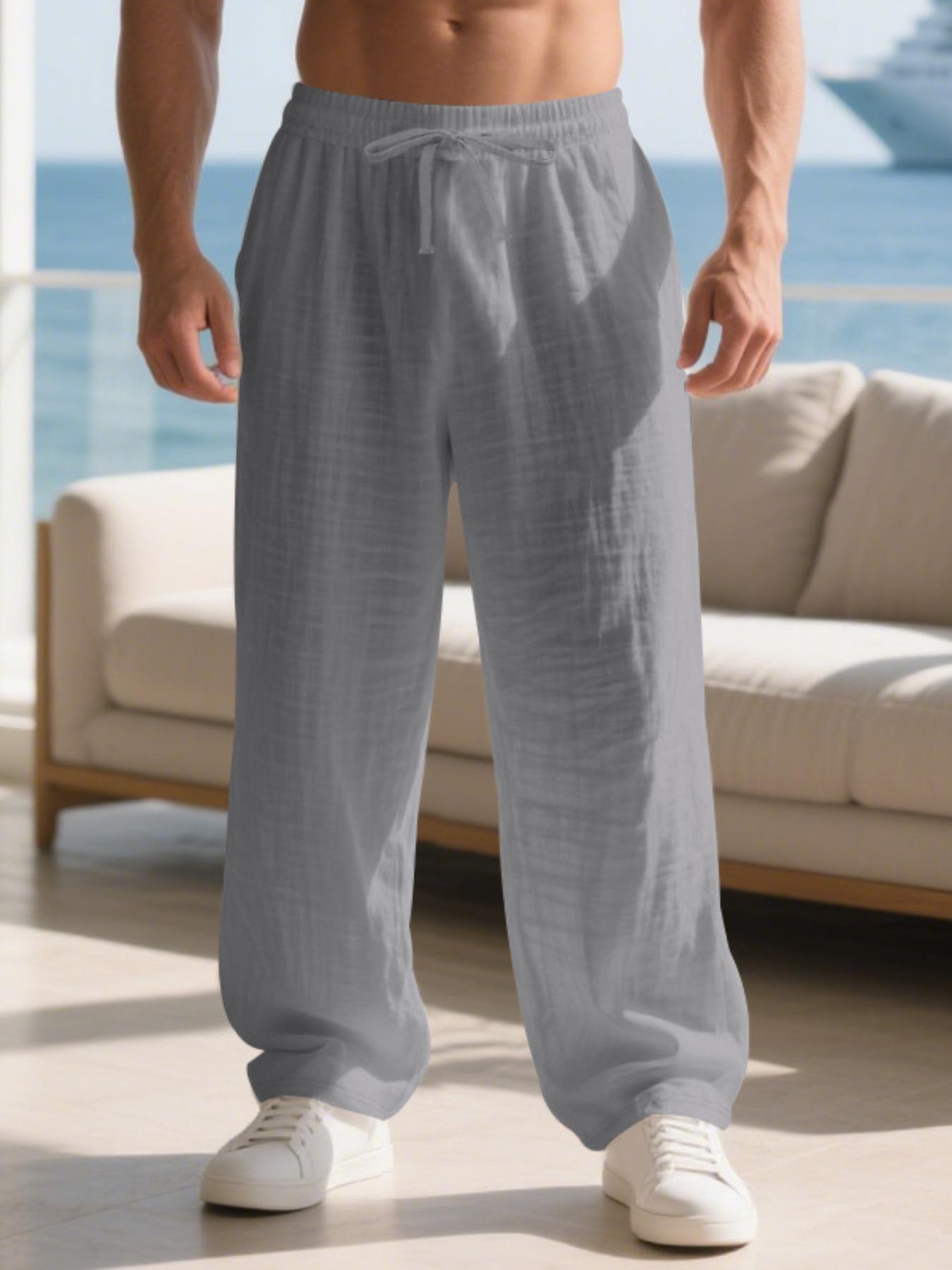 Men's Linen Long Pants Fit with Pockets, Casual Beach Pants, Summer Home Wear, Elastic Waistband & Drawstring, Spring & Fall Fashion