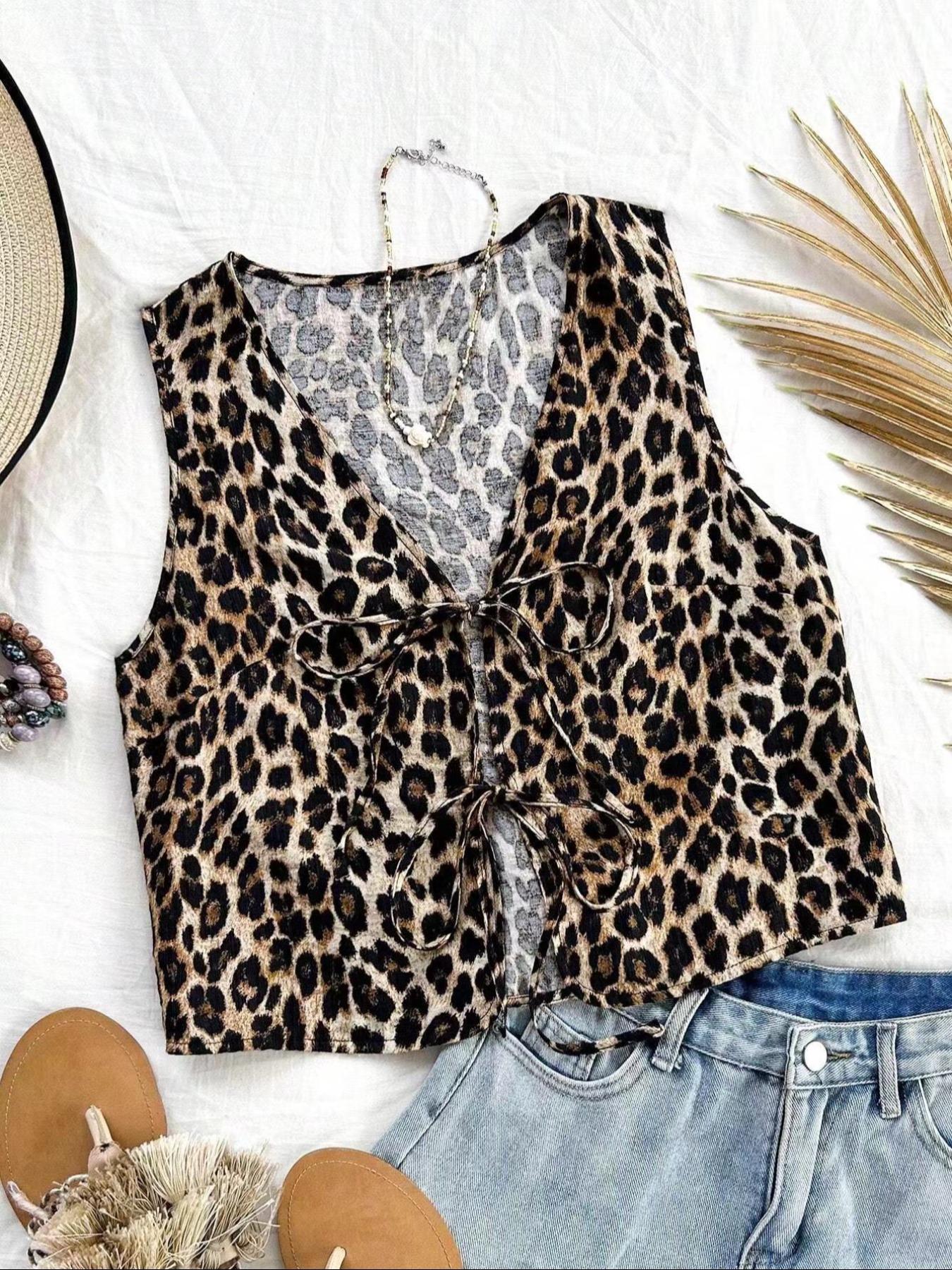Women's All Over Print Leopard Tie Front Fitted Tank Top, Casual Sleeveless V Neck Top for Summer, Ladies Clothes for Daily Wear