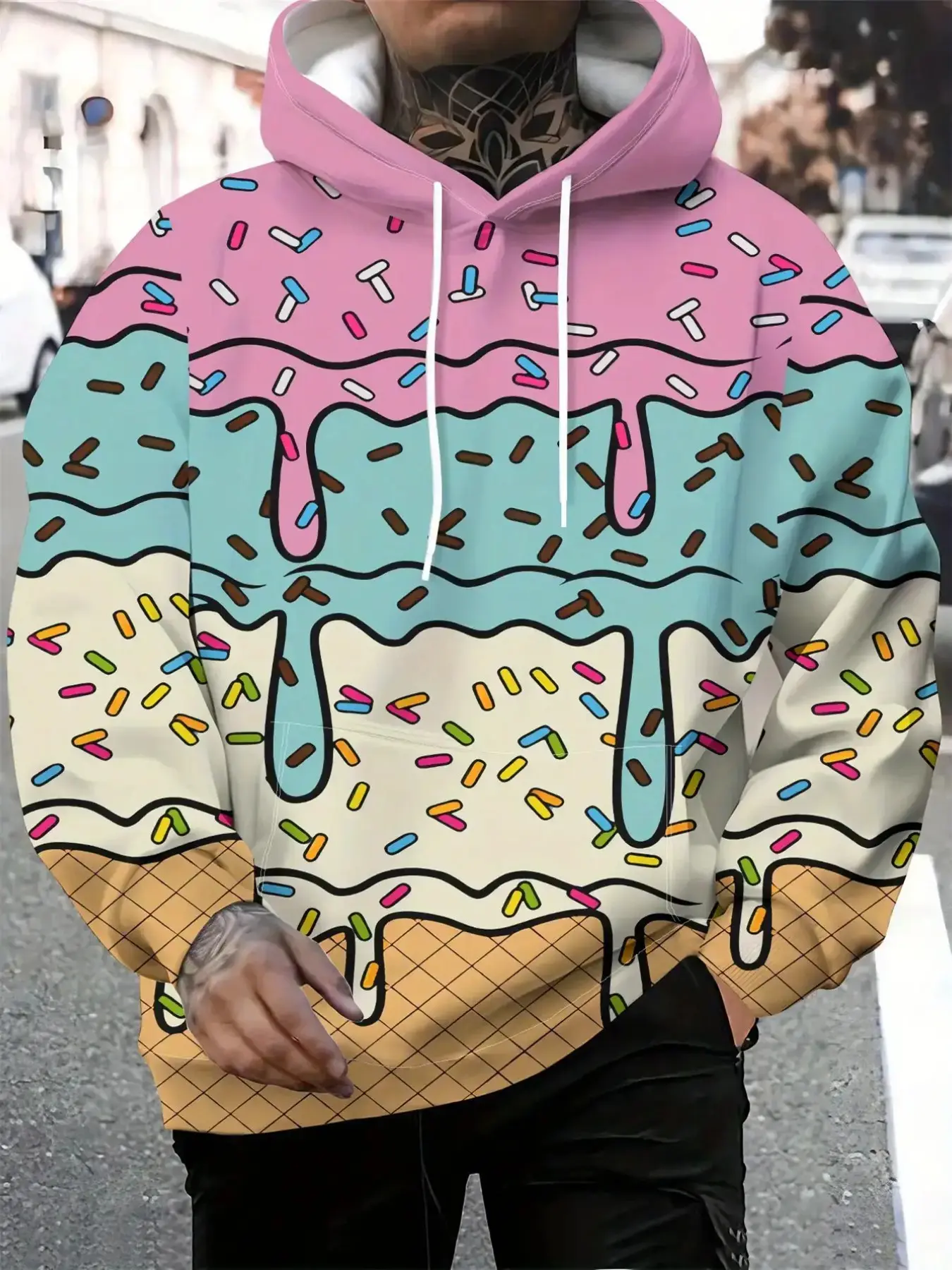 Men's Ice Cream Waffle Cone Sugar Sprinkle Full Print Hoodie, Drawstring Pullover Sweatshirt, Sweet Cartoon Street Style Long Sleeve Casual Top