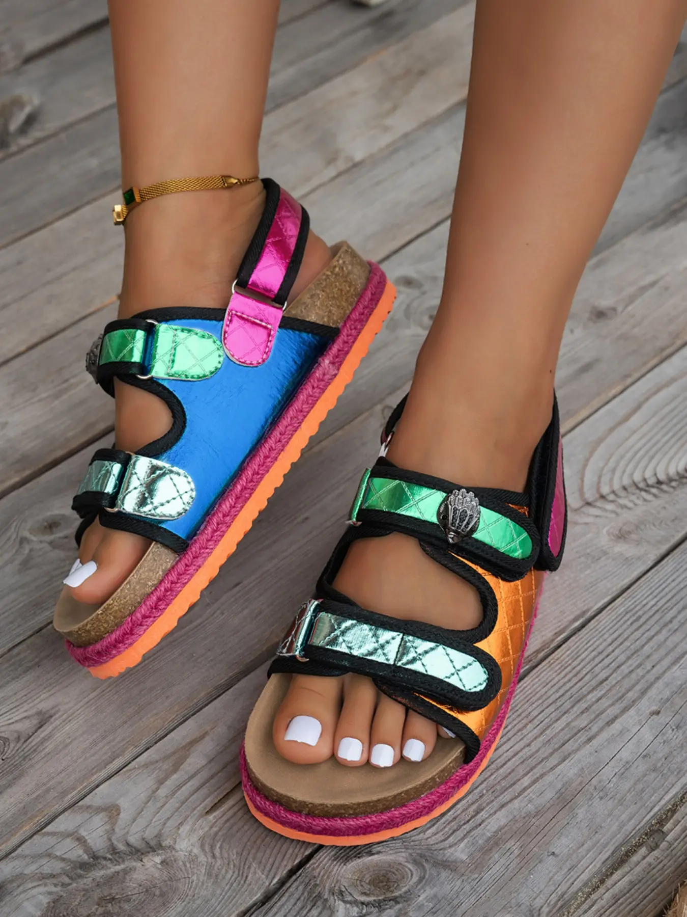 2026 Summer New European and American Fashion Thick Sole Color Block Velcro Beach Sandals, Fashionable Casual Sandals, Casual Versatile Thick Sole Flip Flops, All Match Sandals