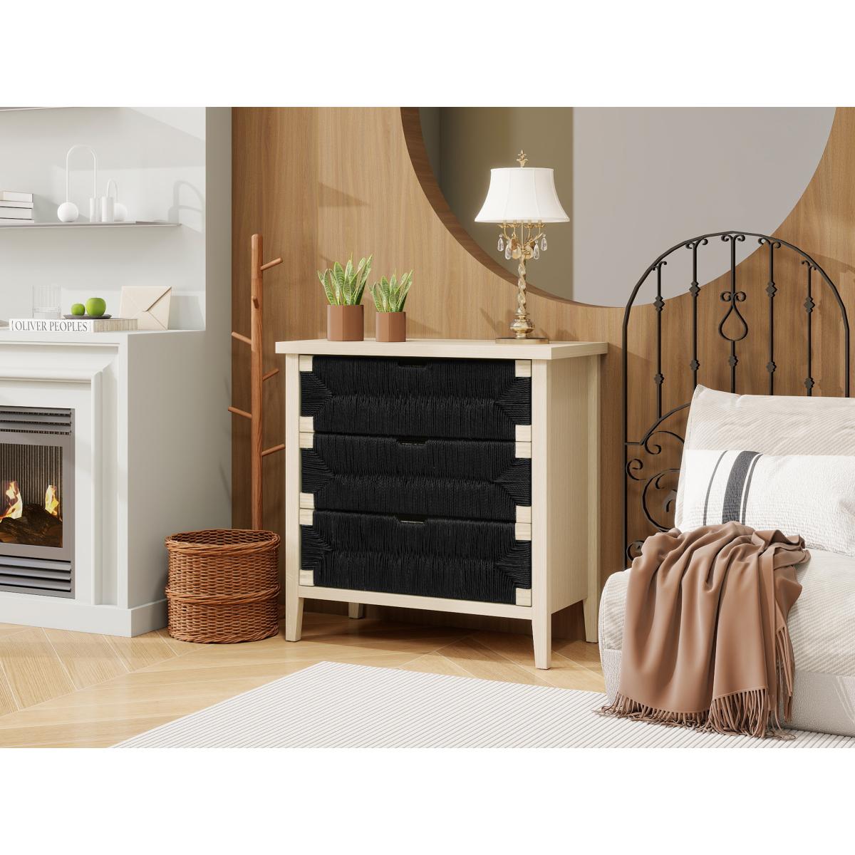 3 Drawer Buffet Sideboard with Adjustable Shelves, Storage Cabinet with Hand-woven rope decorated drawers for Living Room Kitchen Entryway