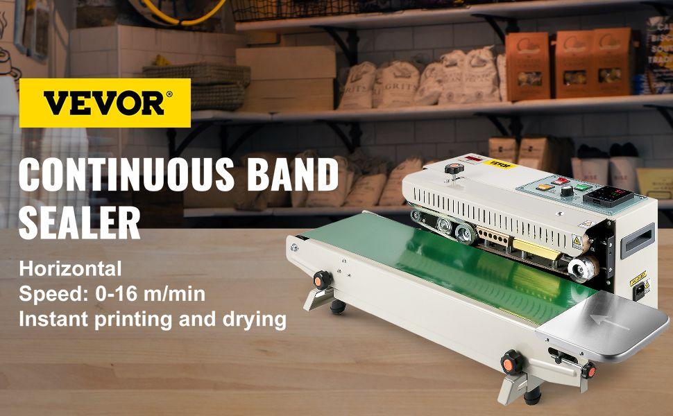 VEVOR Continuous Bag Band Sealing Machine FR900K Band Sealer Machine with Digital Temperature Control Horizontal Bag Sealer for 0.02-0.08 mm Plastic Bags Continuous Band Sealer w/ Printing Function