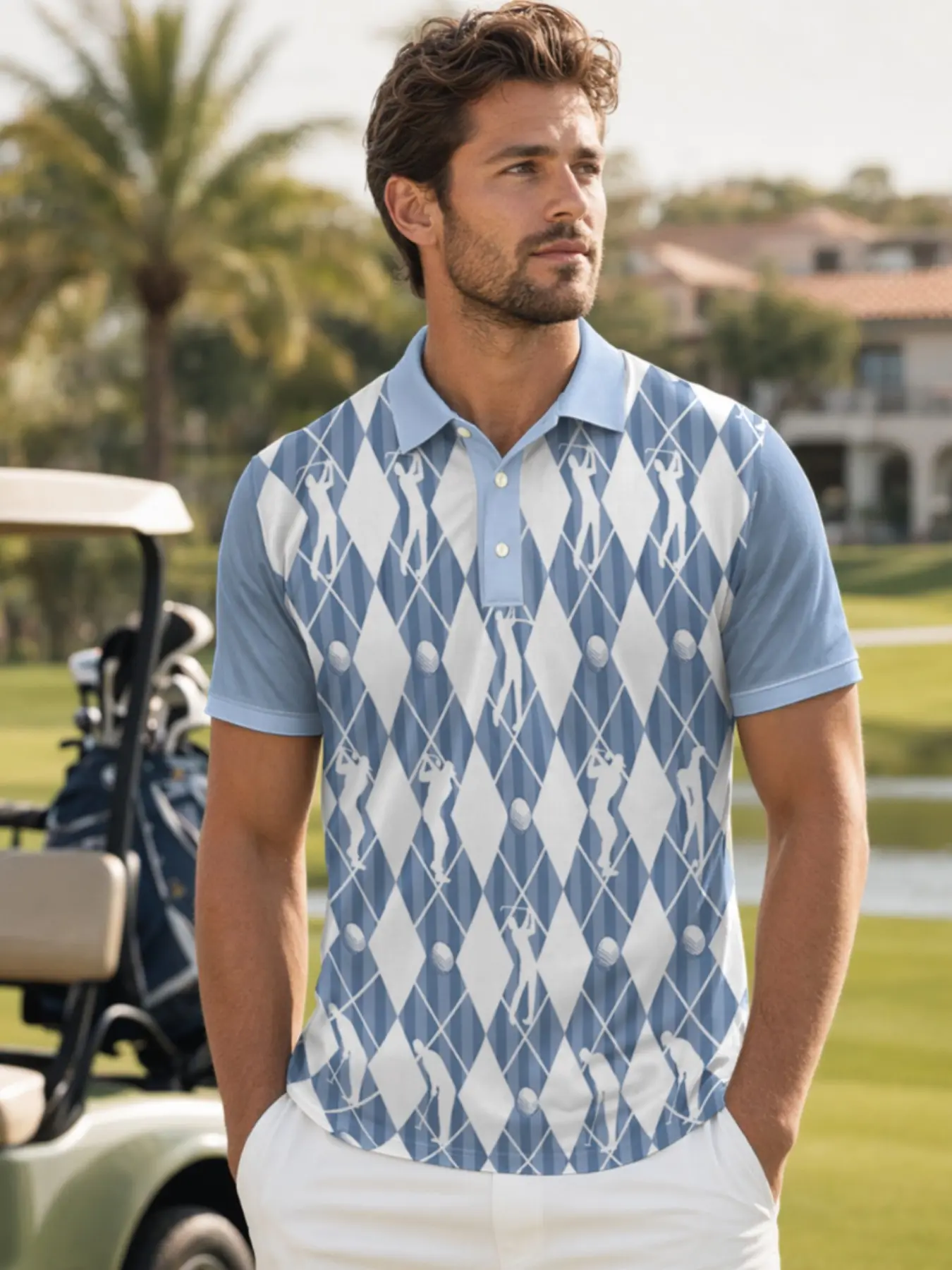 Men's Golf Polo Shirt, Blue Checkered All over Print, Casual Short Sleeve, Loose-Fitting, Spring & Fall, Golf Course Wear