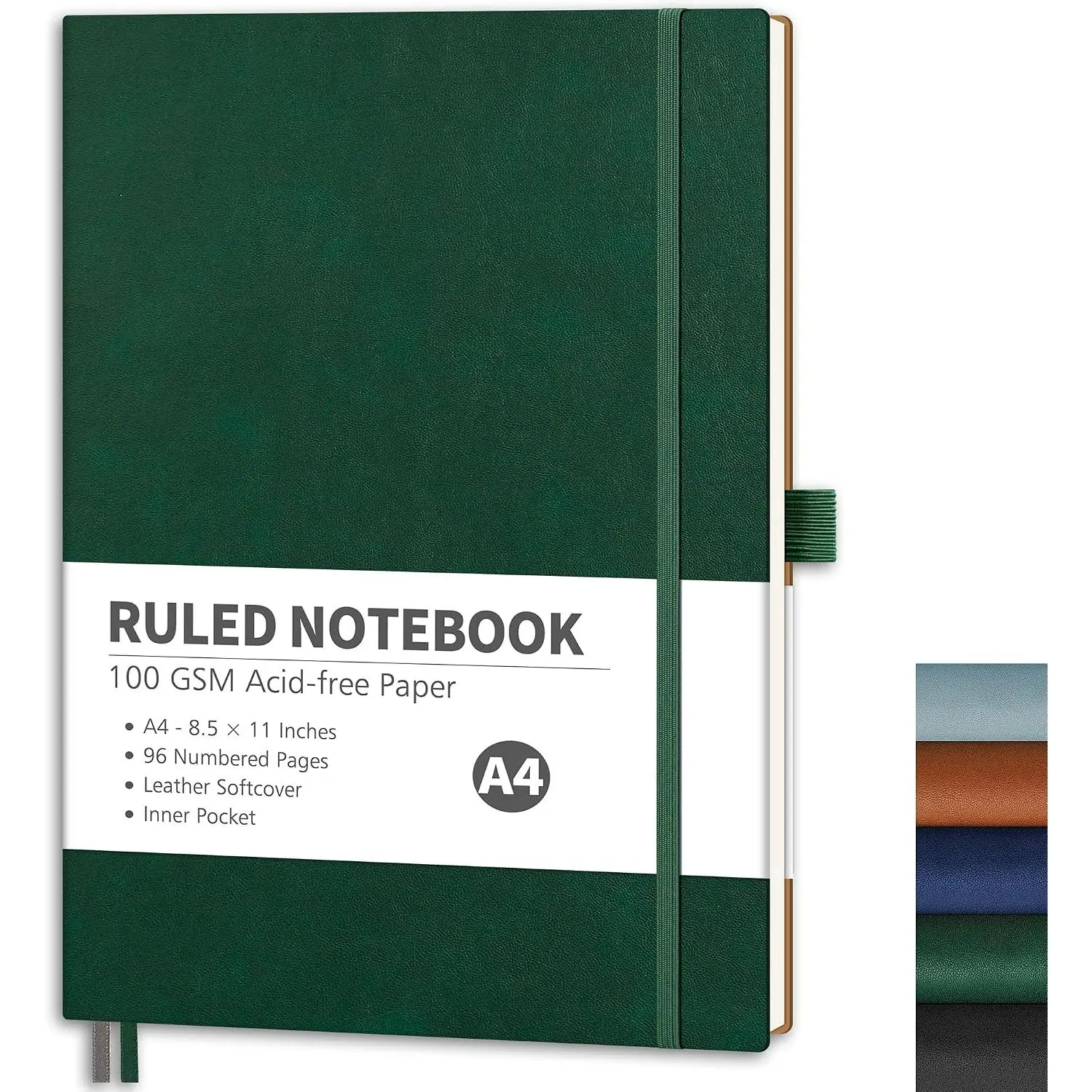 Lined Journal Notebook, 96 Numbered Pages, A4 Size (8.5'' x 11'') | Leather Softcover, 100 GSM Thick Paper, for Men & Women, Journaling, Writing, Work & Office (Dark green)