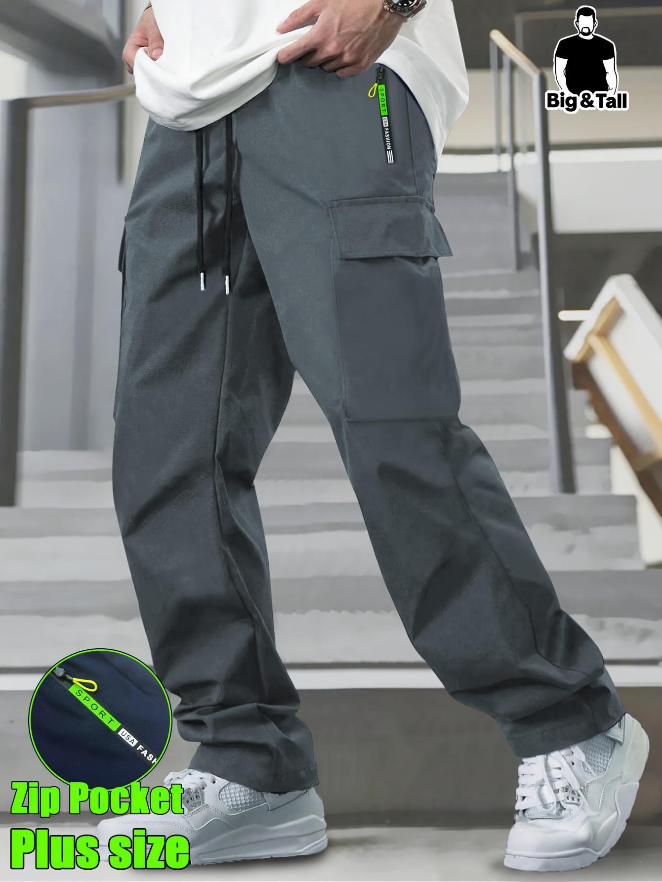 Men's Big & Tall Loose Cargo Pants, Elastic Drawstring Waist Multi-Pocket Plus Size Trousers, Breathable Casual Streetwear, Hiking Gym Outdoor Tactical Pants with Deep Phone Pockets, Extended Inseam Big Bigs Relaxed Fit Daily Wear Sweat Trousers