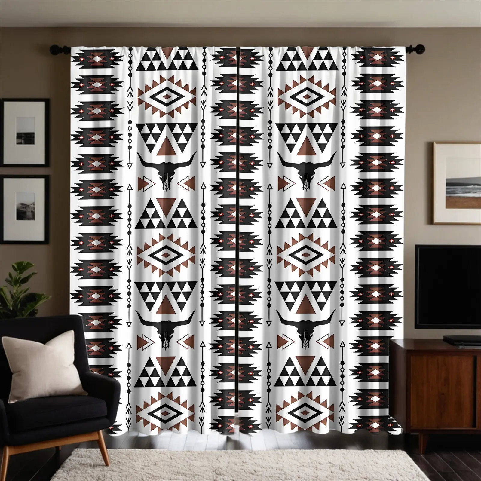 2 Panels Southwestern Bull Skull Geometric Decorative Curtains, Rustic Western Aztec Tribal Pattern Rod-pocket Style, Privacy Semi-sheer Curtains for Home Kitchen Bedroom Living Room (No Blackout)