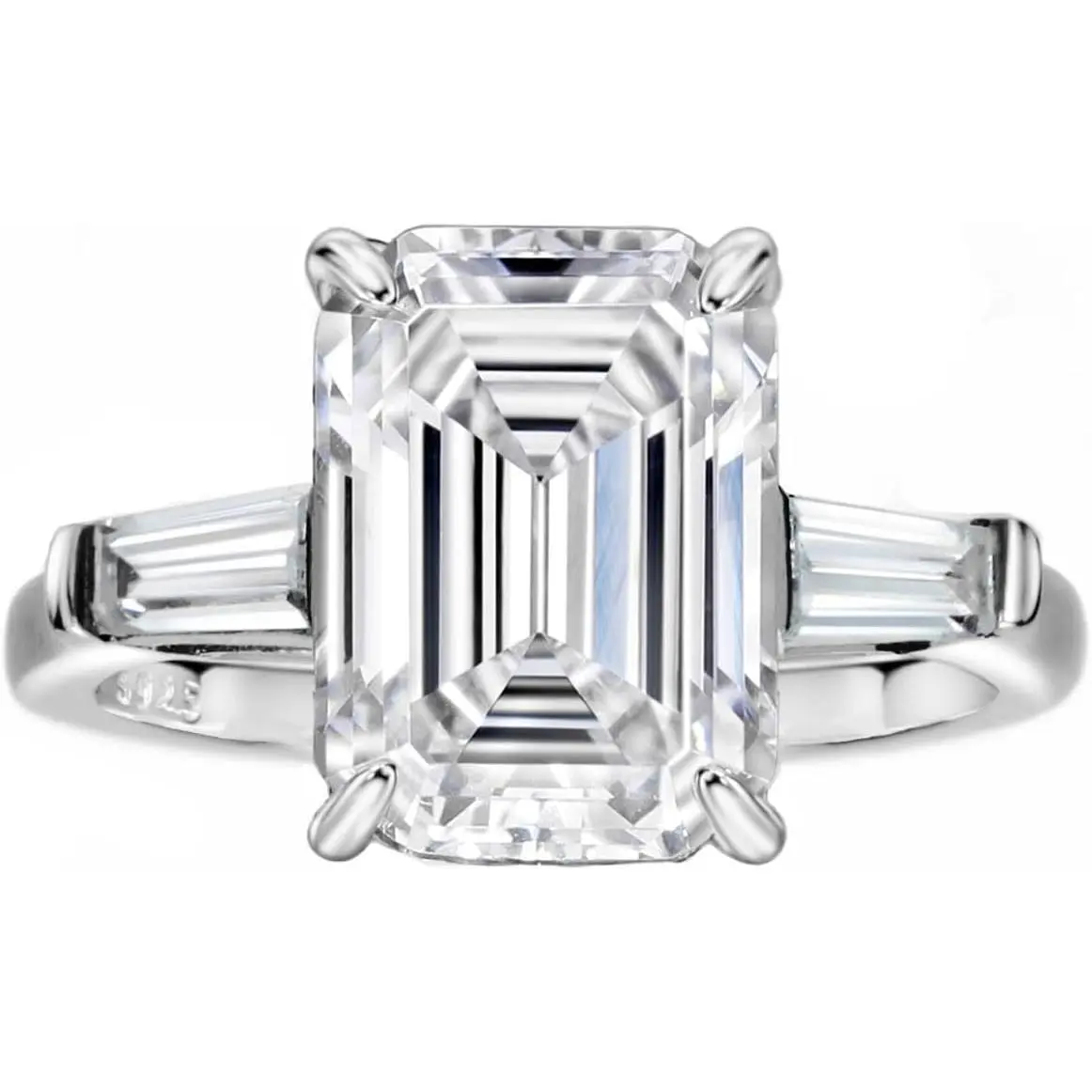 Women's S925 Sterling Silver 4ct Rectangular Emerald Cut Engagement Ring, VVS Clarity Wedding Band
