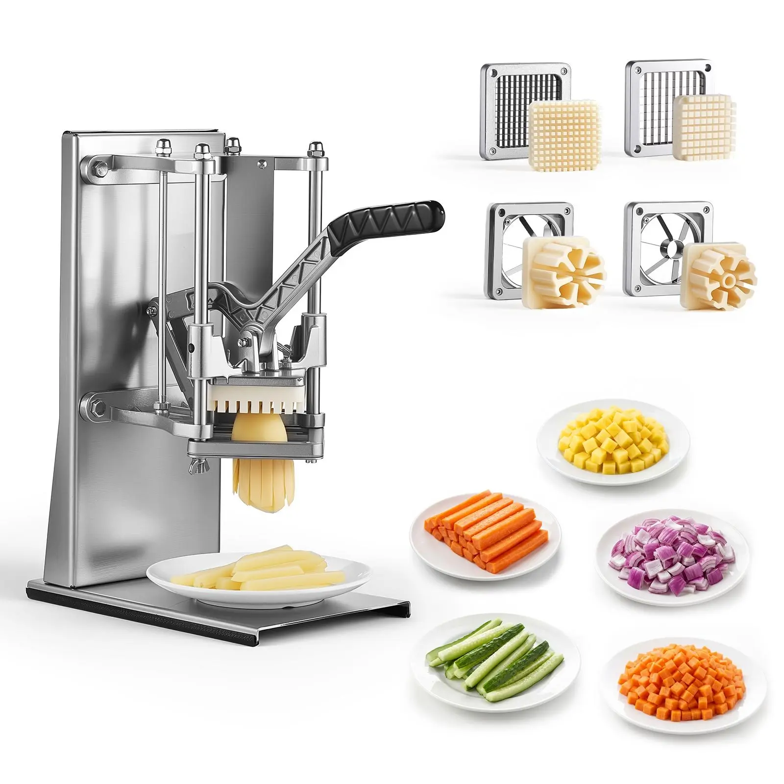 VEVOR French Fry Cutter, Commercial Vegetable Chopper with 4 Blades - 1/4", 3/8", 6-Wedge Slicer & Apple Corer - Wall Mount Stainless Steel Potato Cutter, for Home & Restaurant Use