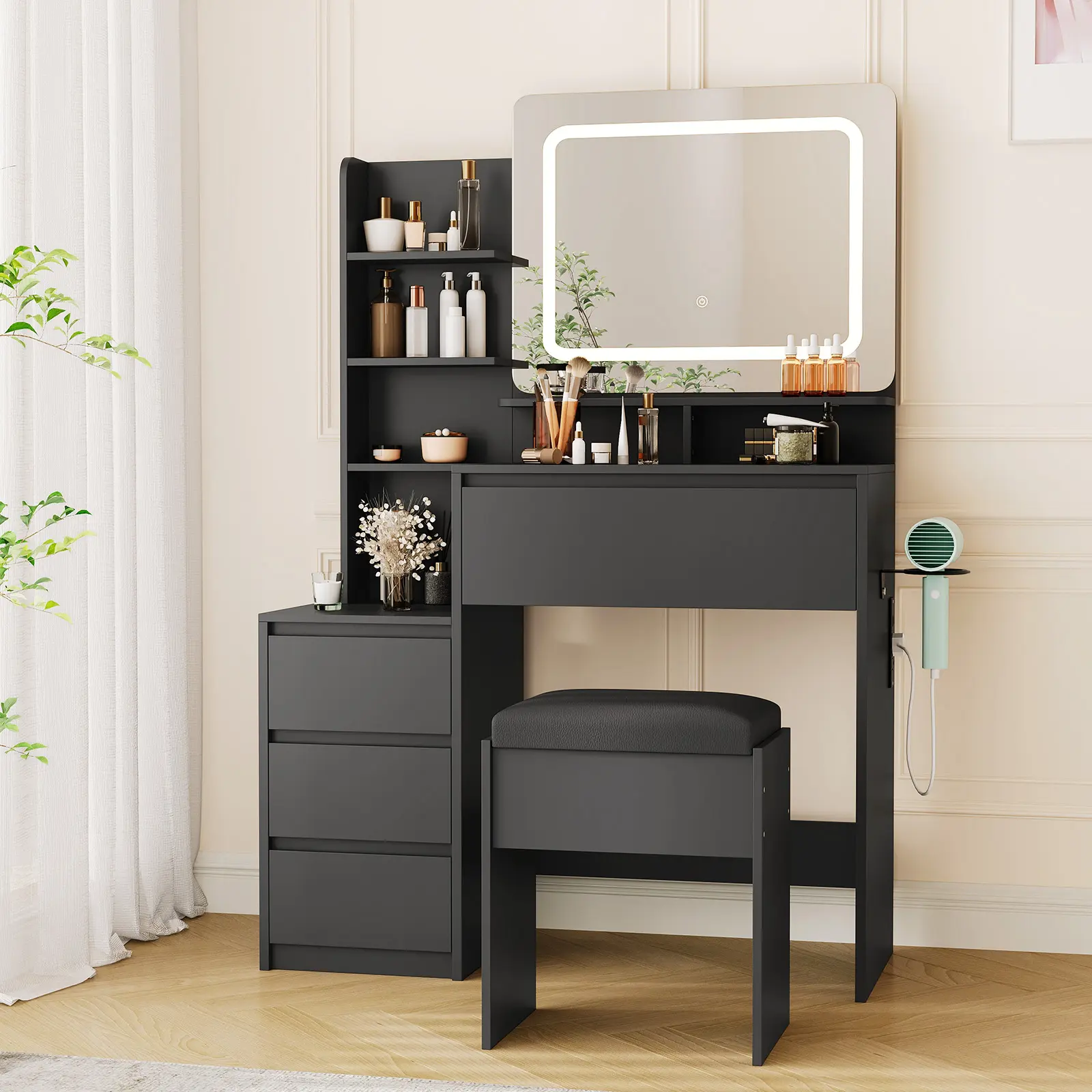 Modern Vanity Desk with Mirror & Adjustable LED Lights – 4 Drawers, Storage Shelves, Power Outlet, USB Ports & Stool – 36" Makeup Vanity Set for Bedroom
