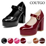 Coutgo Womens' T-Strap Round Toe Chunky Platform Heels Patent Mary Jane Dress Shoes Elegant Footwear