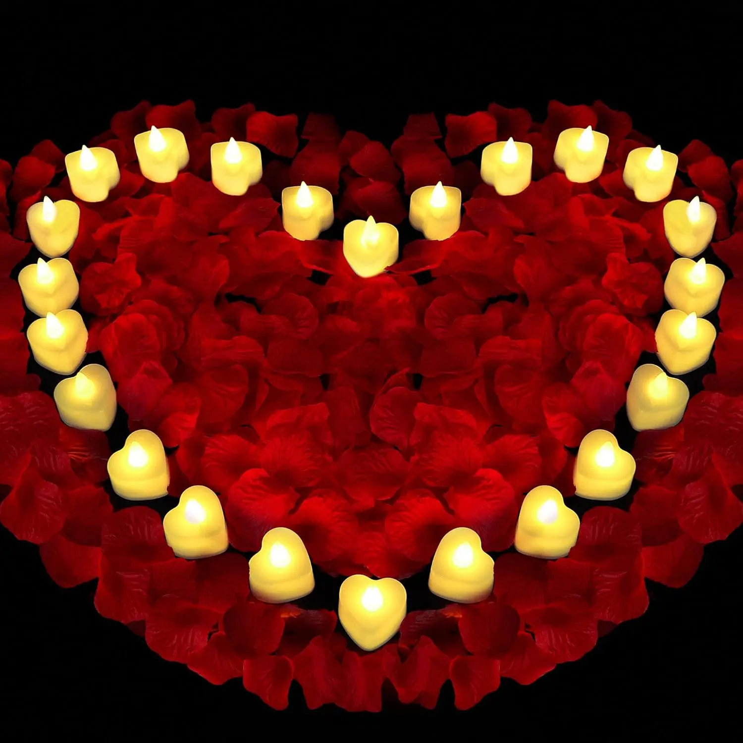 1000 Artificial Rose Petals & 24-Pack Flameless Battery-Operated LED Tea Candle Lights Set with Batteries, Romantic Table Decoration for Date Night Ideas, Proposal & Wedding Decor, Proposal Decorations, Birthday Party, 1000 Pieces, Anniversaries, Banquet,