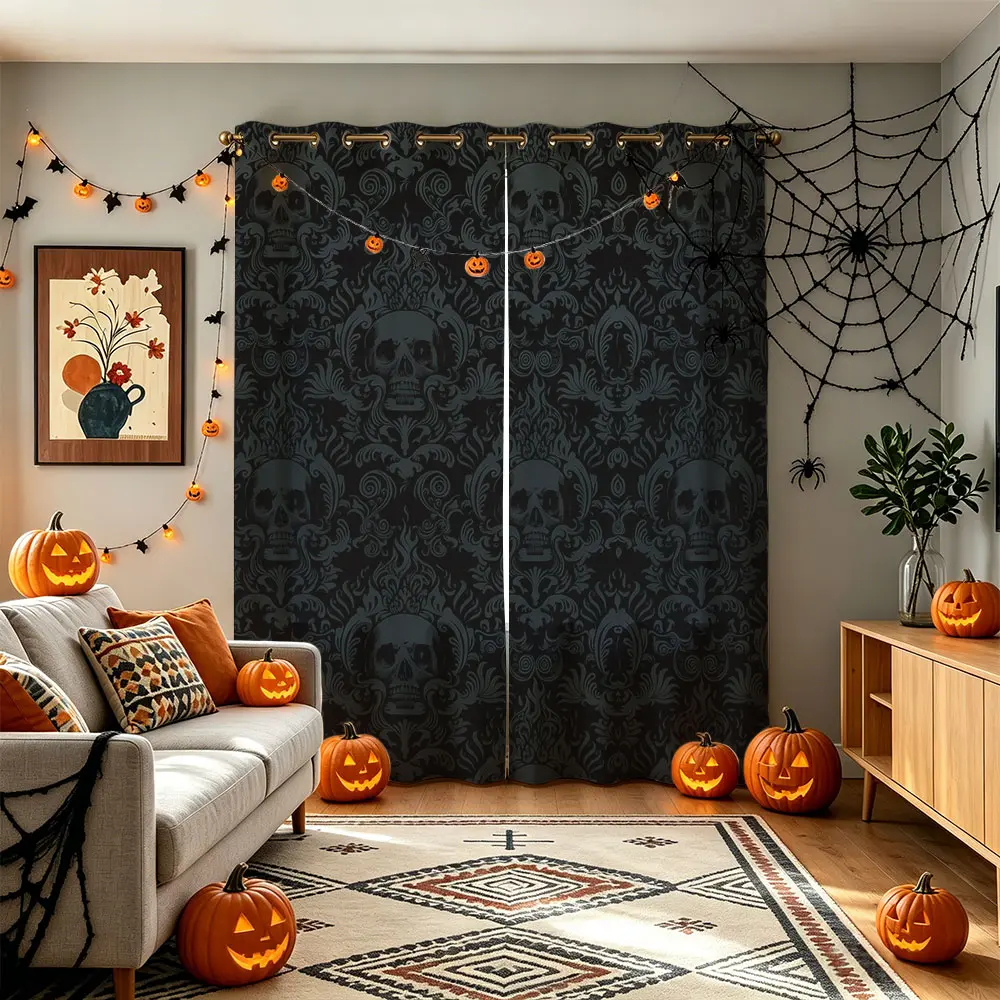 Retro Dark Damask 2 Panels Grommet Blackout Curtains, Solid Black Gothic Spooky Halloween Thermal Light Block Curtain Panels