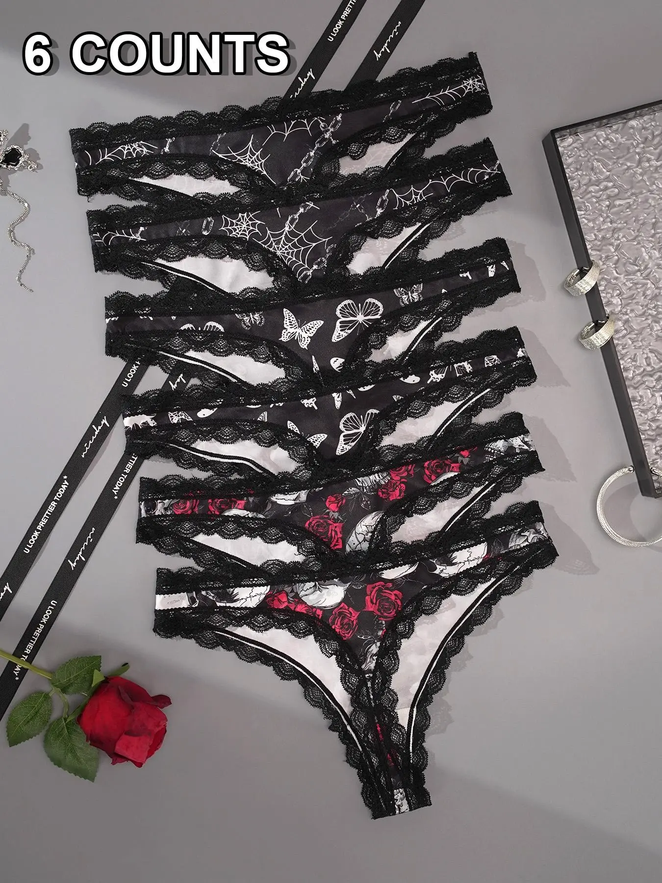 Halloween Skull Rose Spider Web Butterfly Print Women's Thong Panties, Low Waist Sexy Skin-Friendly Intimates Underwear Set, All Seasons