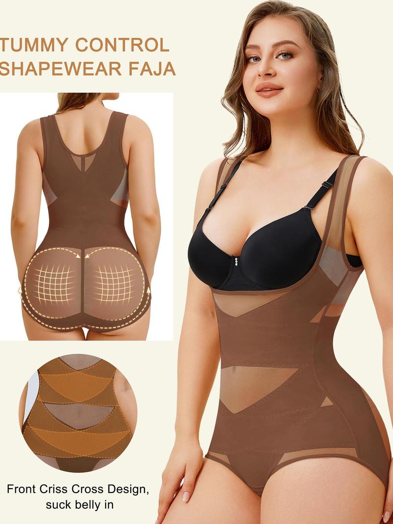 Women's Solid Color Open Bust Mesh High Waisted Shapewear Bodysuit, Breathable Comfortable Tummy Control Shaper, Ladies Shapewear for All Seasons