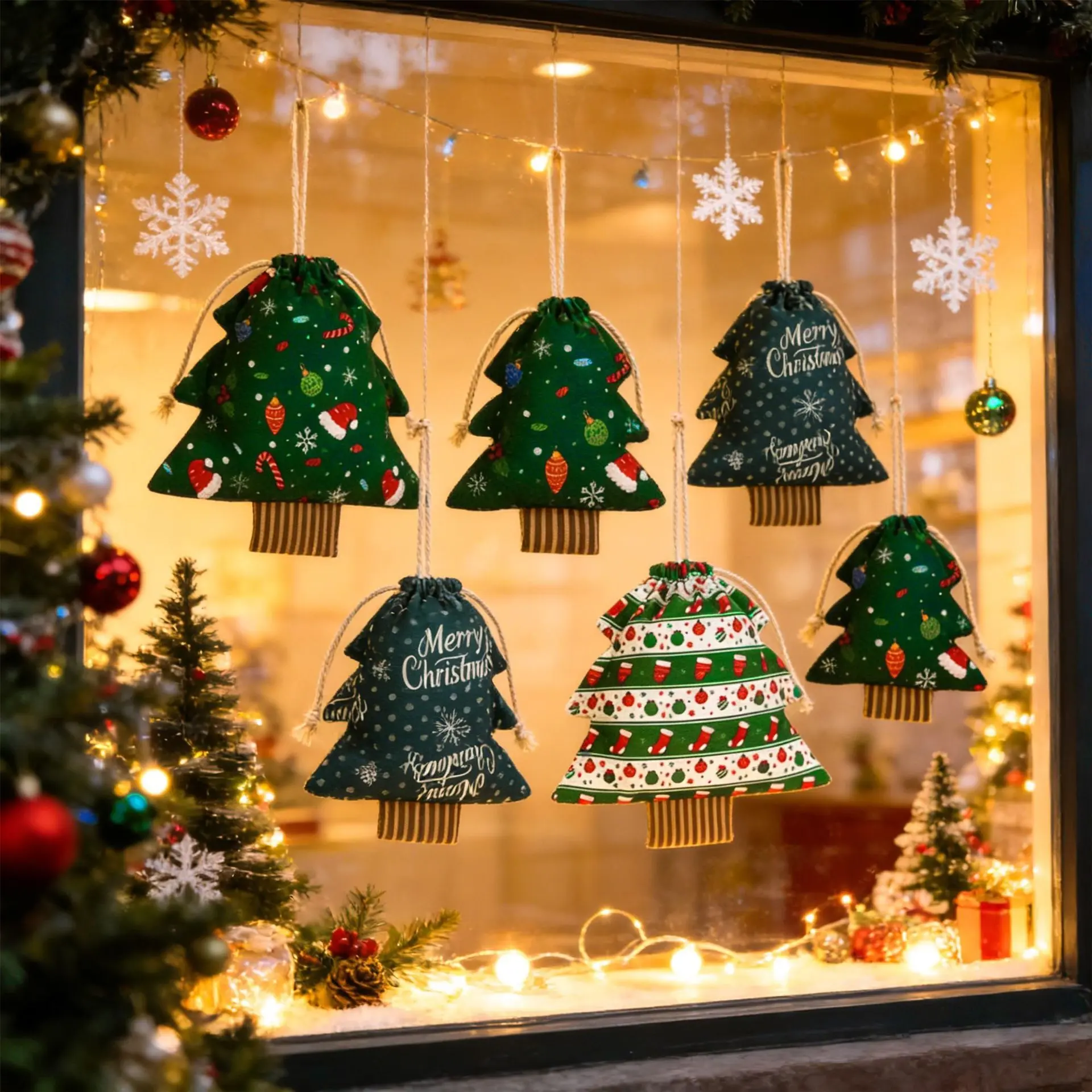 Christmas Tree Shape Print Pouch, Christmas Ornament, Window Display Party Atmosphere Hanging Decor, Suitable for Courtyard Living Room Bedroom Corridor