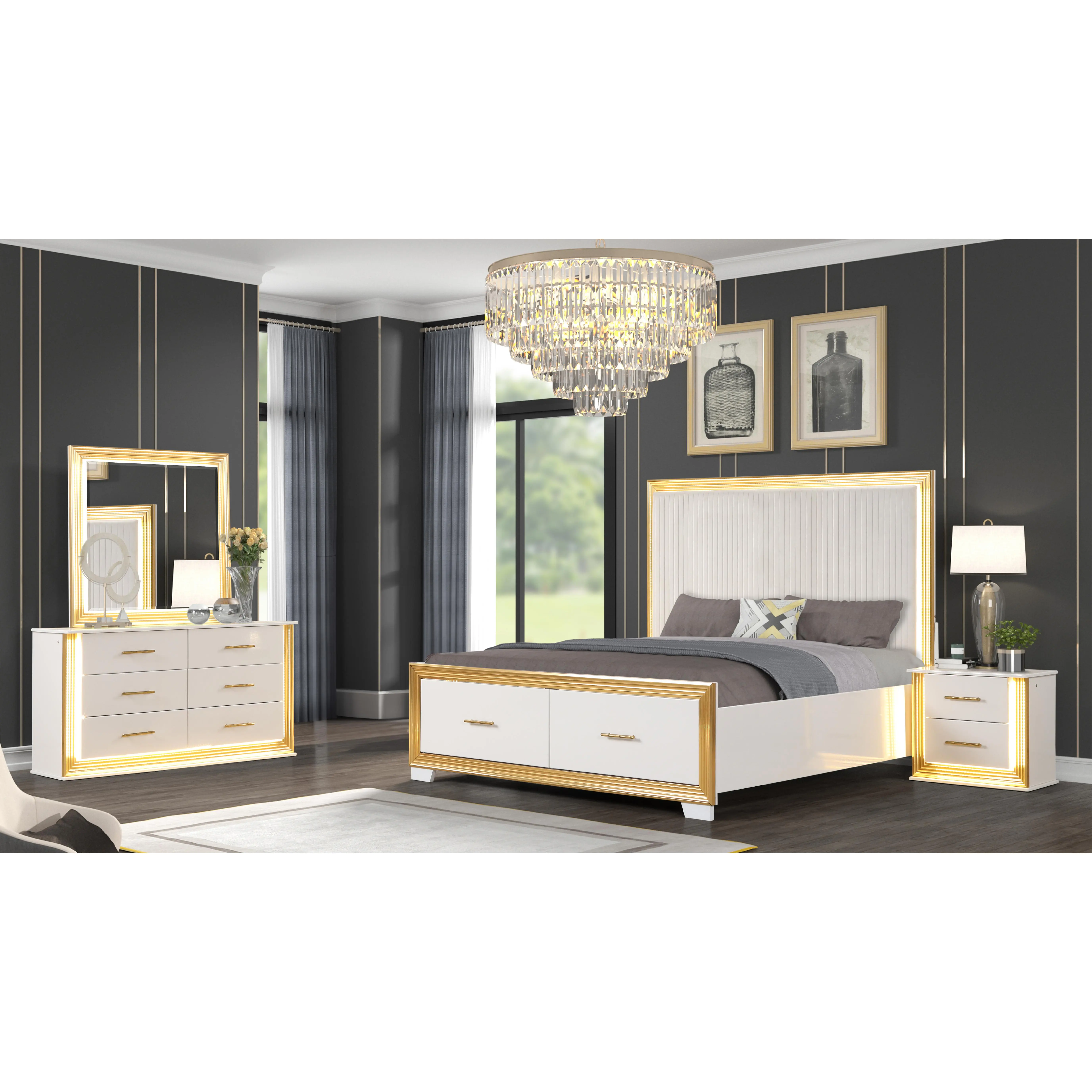 Nokaa Contemporary King Bedroom Set 4PC White Wood Gold Finish with LED Lighting, Includes Bed Dresser Mirror Nightstand, Modern Bedroom Furniture Suite, No Box Spring Needed, Solid Wood+MDF, King Size, White Color