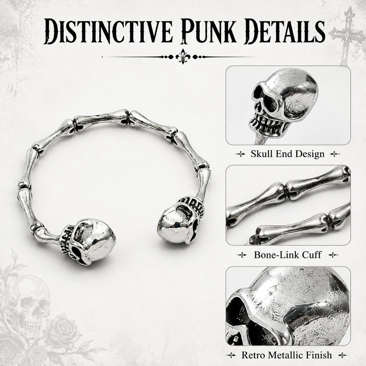 Vintage Gothic Skull Cuff Bangle - Silver Gothic Motif Bracelet, Adjustable Biker Accessories, Ideal Goth Gifts - MM2