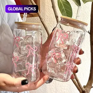 Bow Pattern Water Cup with Lid & Straw, 1pc 16oz Can Water Cup, Ice Coffee Cup, Suitable for Tea, Juice, Milk, Birthday Gift