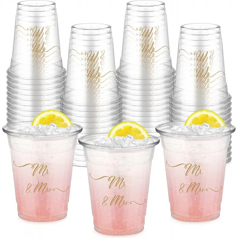 FoldTier 50 Pcs Mr and Mrs Cups 12 oz Plastic Wedding Cups Clear Engagement Disposable Glasses Bridal Shower Drinking Glasses for Home Kitchen Wedding Theme Party Favors Supplies Decoration
