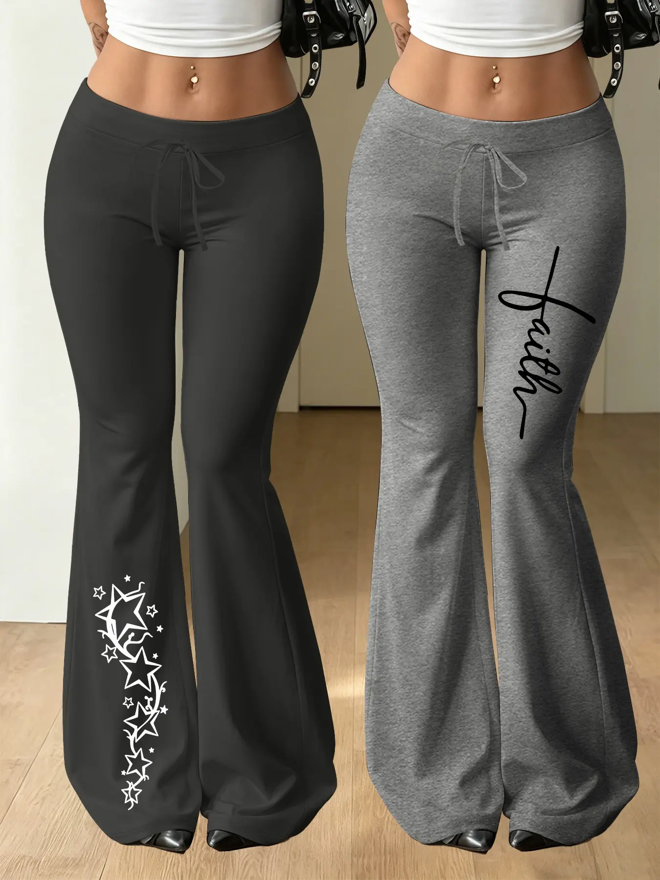 2-pack vertical star   personalized line letter fashion plus size women's pants, stylish flared pants suitable for all seasons