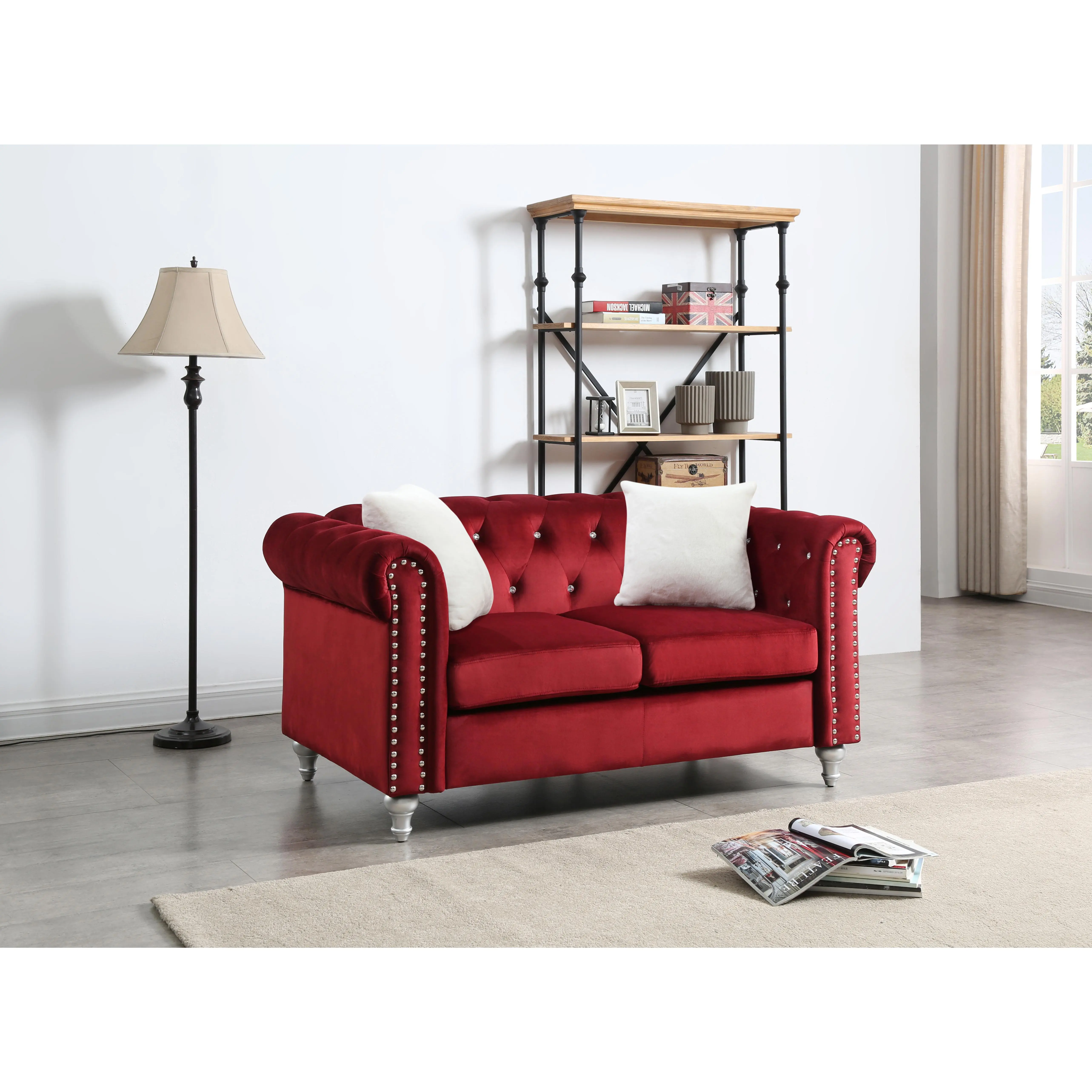 Nokaa Burgundy Velvet Loveseat, 2-Seater Couch for Living Room, Apartment, Small Space, Modern Accent Sofa with Round Arms, Easy Assembly, Multiple Options